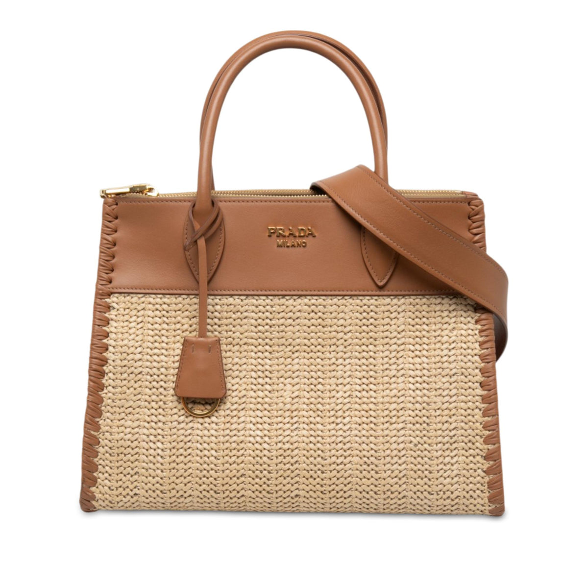 Prada Raffia and City Calf Whipstitch Paradigme Satchel