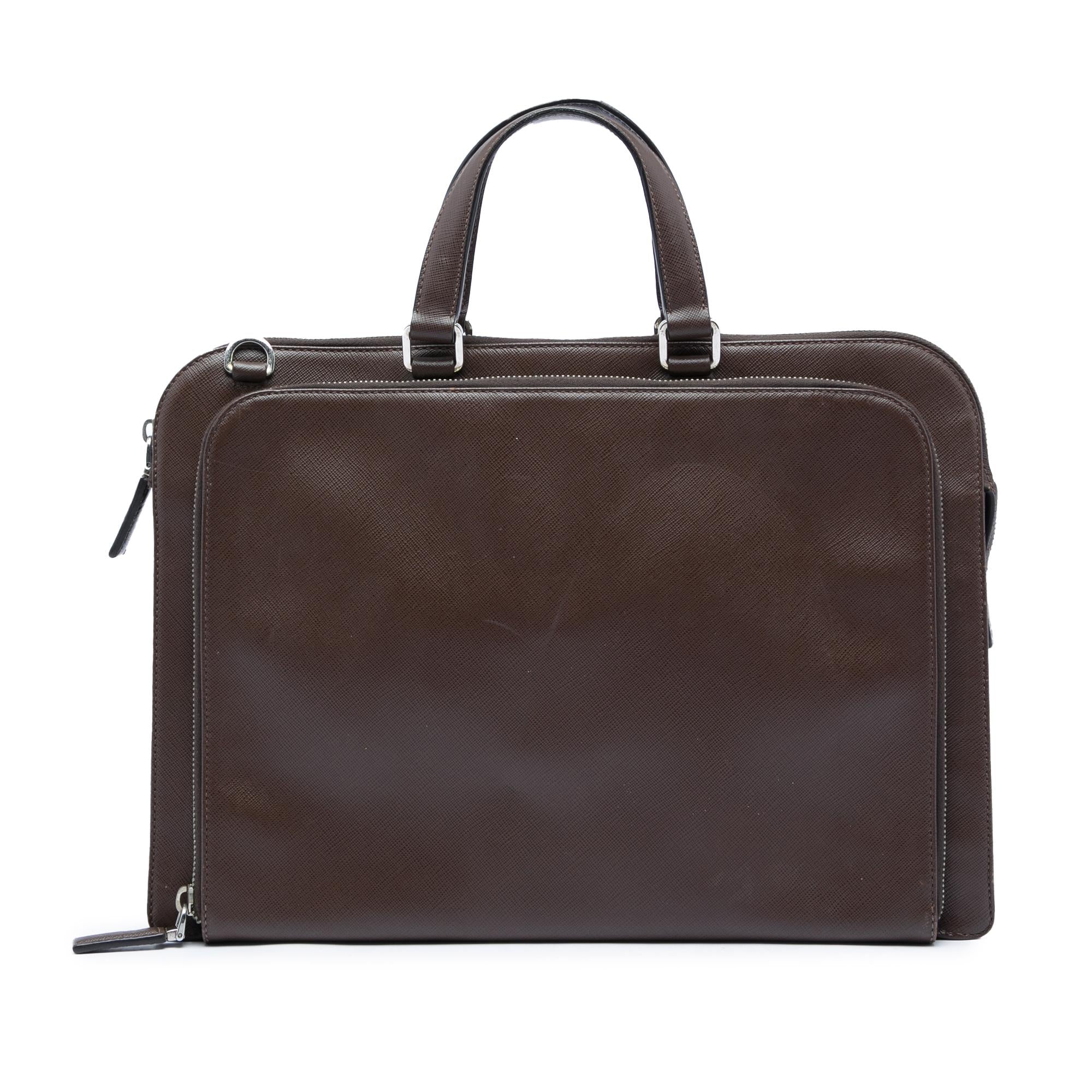 Prada Saffiano Cuir Travel Front Zip Pocket Briefcase