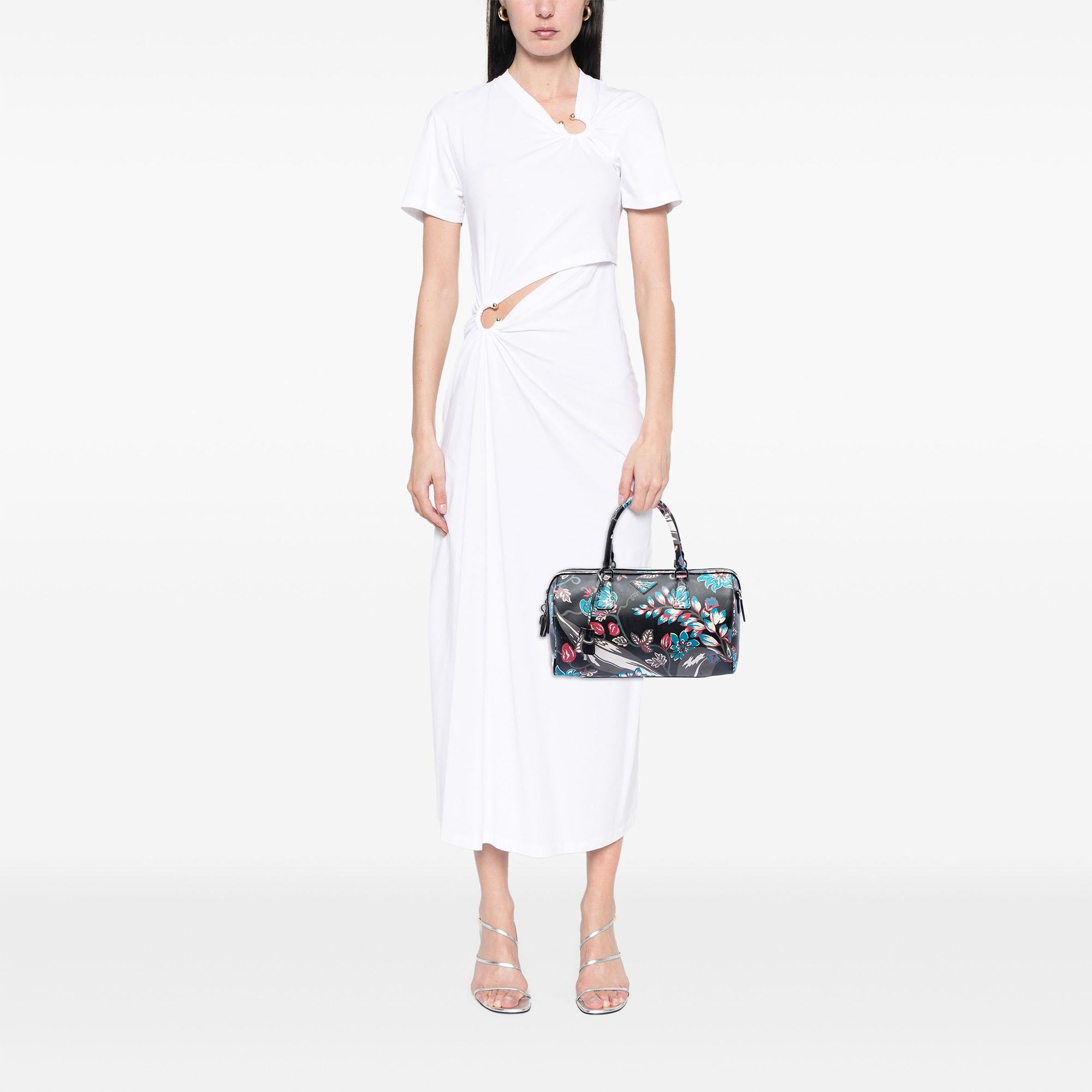 Prada Saffiano Lux Floral Print Boston Bag
