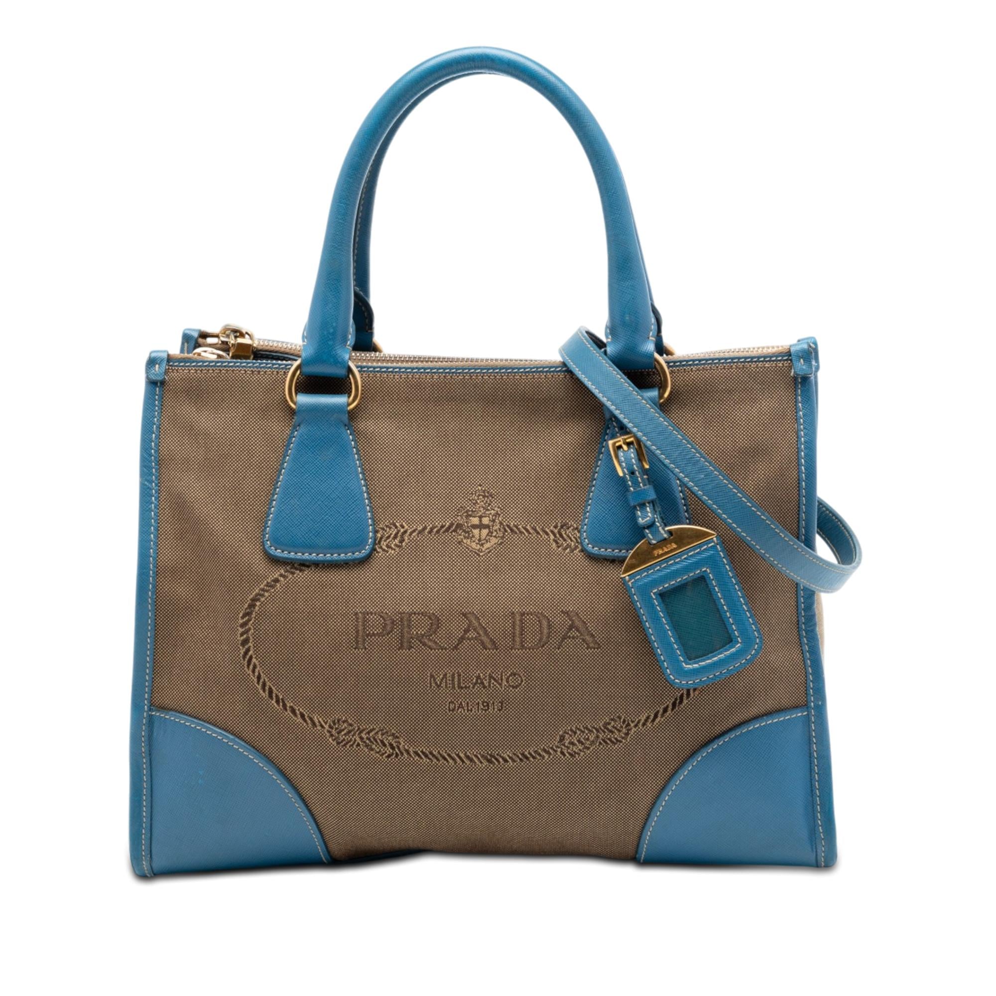 Prada Saffiano Trimmed Canvas Canapa Logo Double Zip Satchel