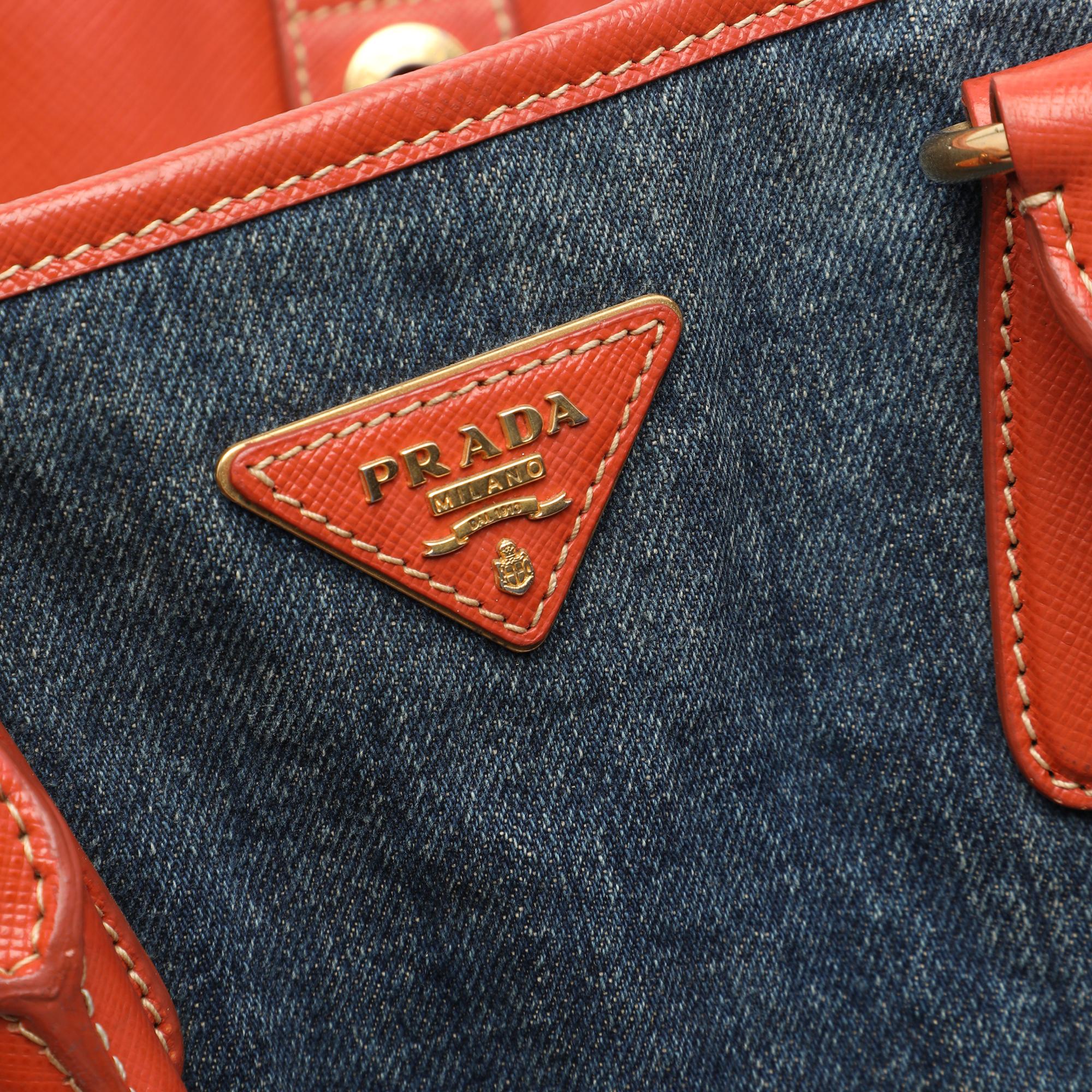 Prada Saffiano Trimmed Denim Open Convertible Tote