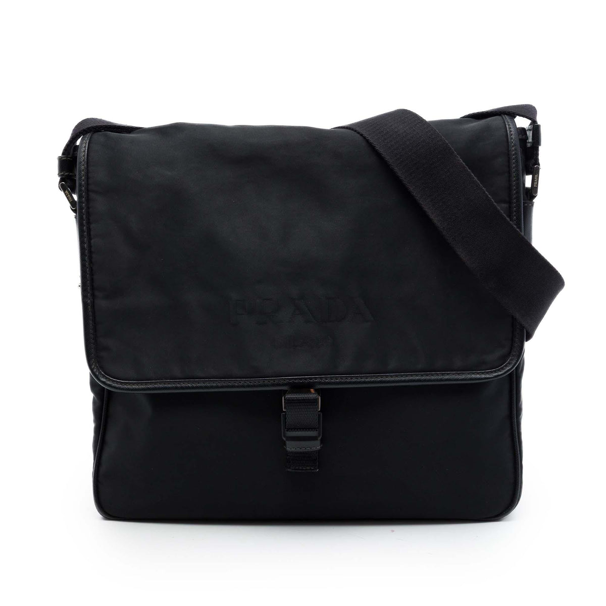 Prada Saffiano Trimmed Tessuto Buckle Messenger Bag