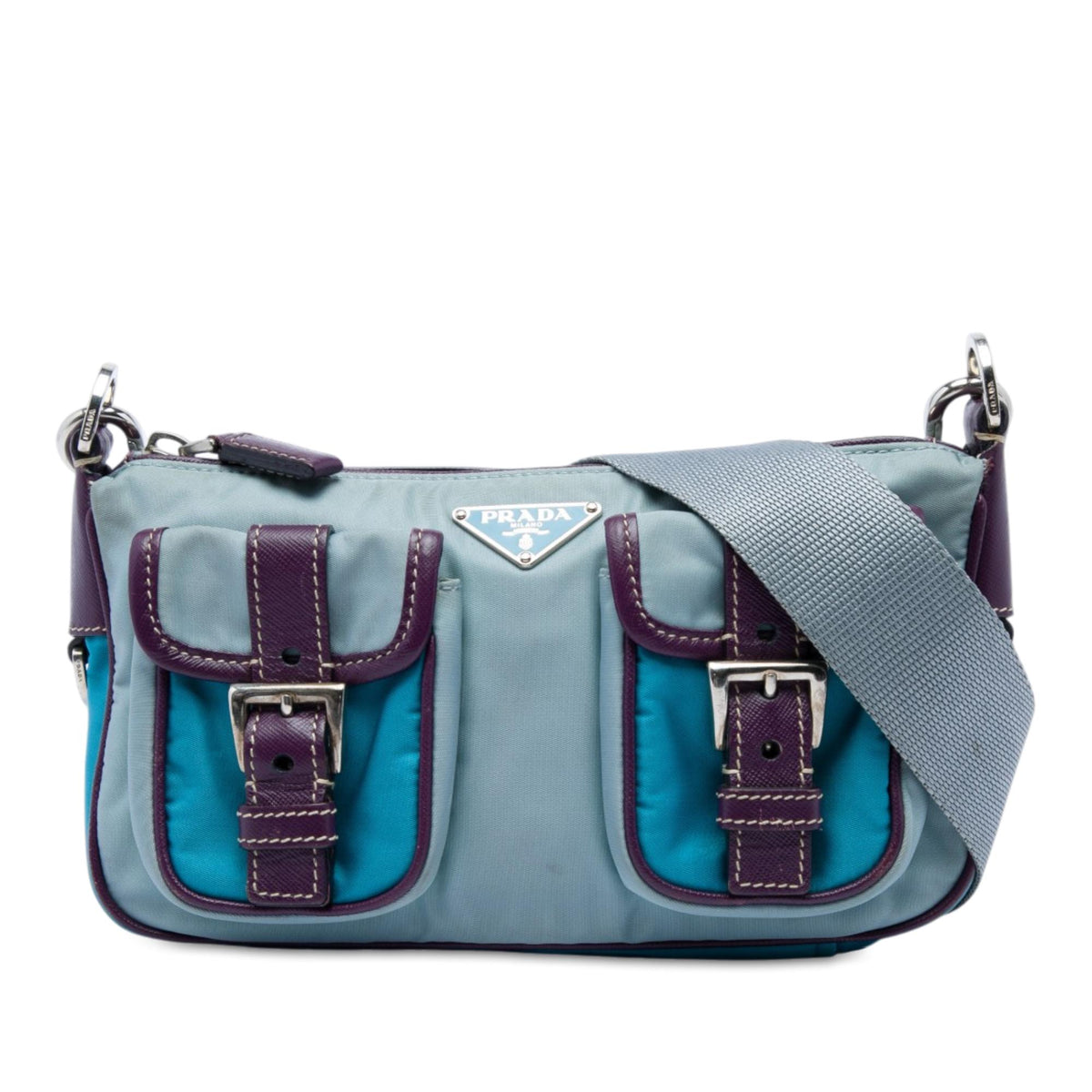 Prada Saffiano Trimmed Tessuto Front Pocket Zip Top Shoulder Bag