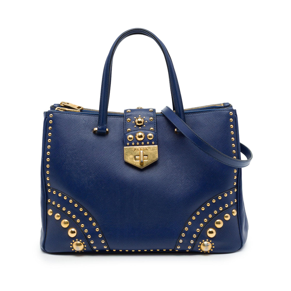Prada Saffiano Turnlock Double Zip Studded Tote
