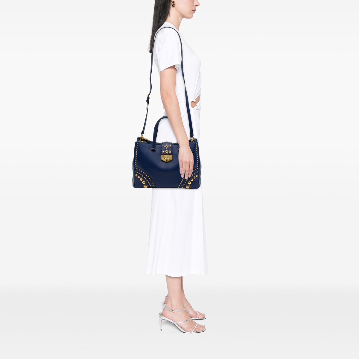 Prada Saffiano Turnlock Double Zip Studded Tote