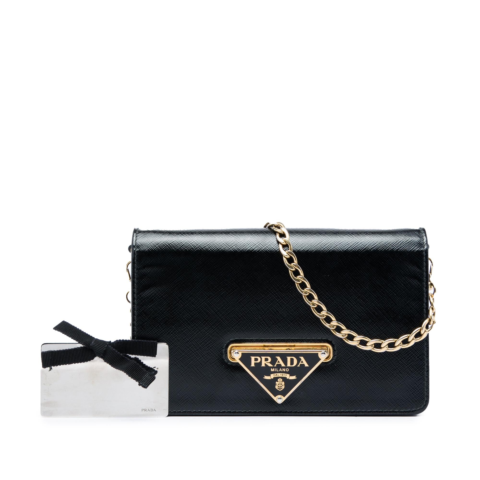 Prada Saffiano Vernice Flip Lock Wallet on Chain Clutch