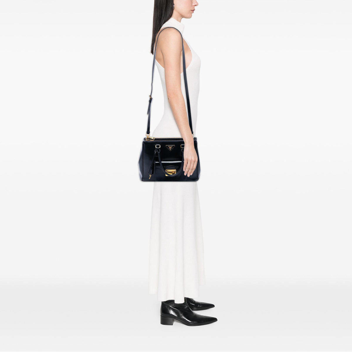 Prada Saffiano Vernice Galleria Double Zip Front Pocket Satchel