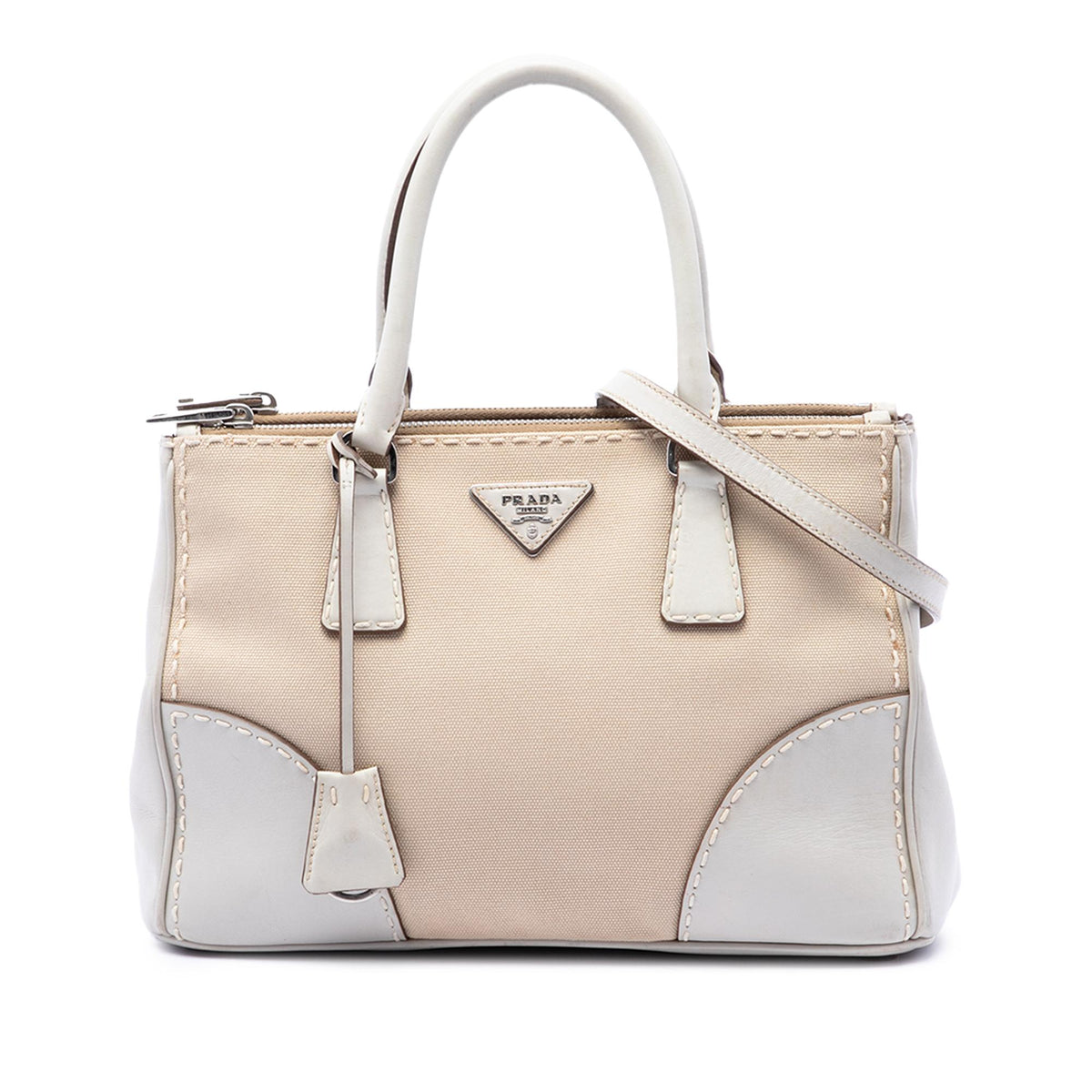Prada Small Canvas and City Calf Stitch Galleria Double Zip Satchel