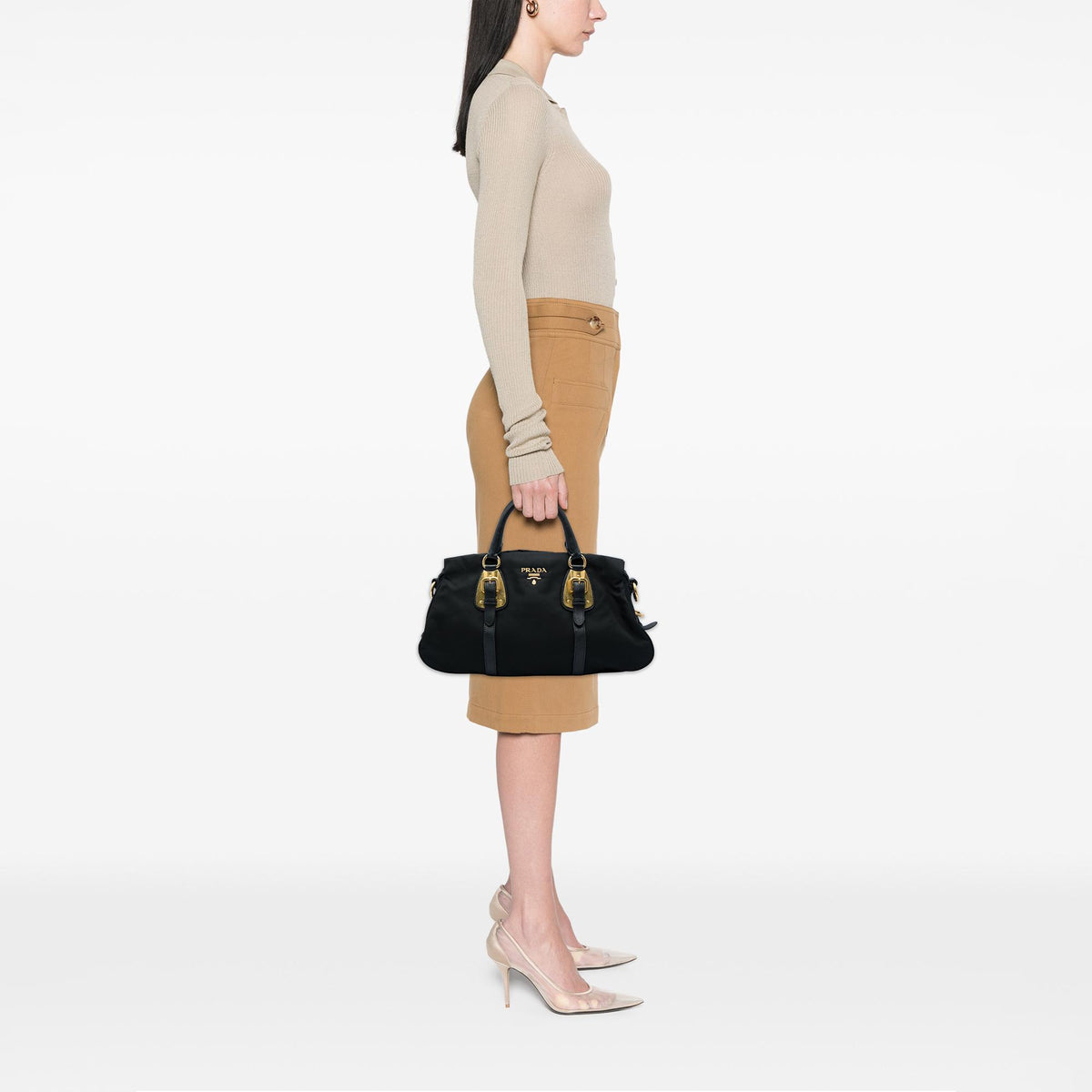 Prada Soft Calf Trimmed Tessuto Satchel