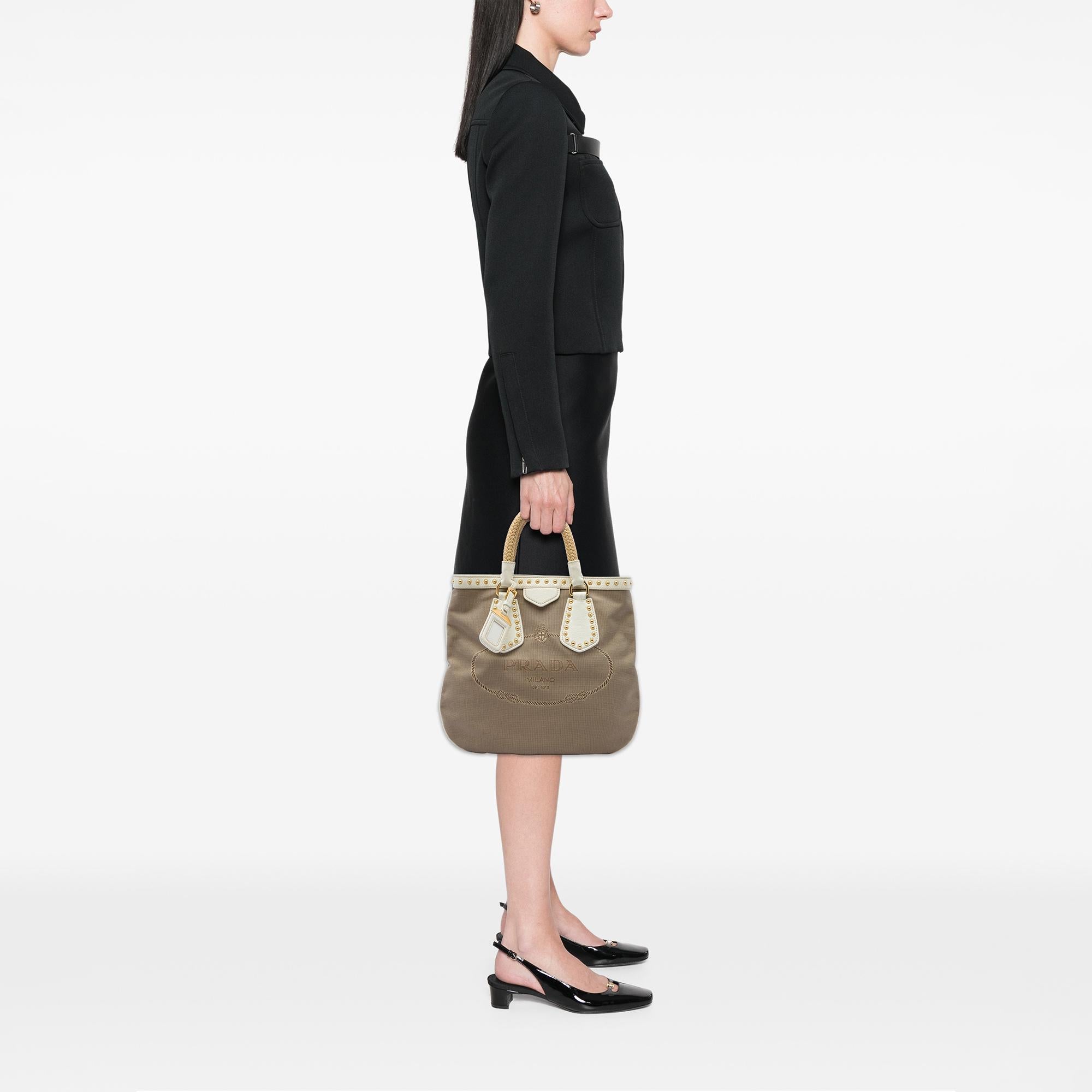 Prada Studded Canvas Canapa Logo Rope Handle Bag