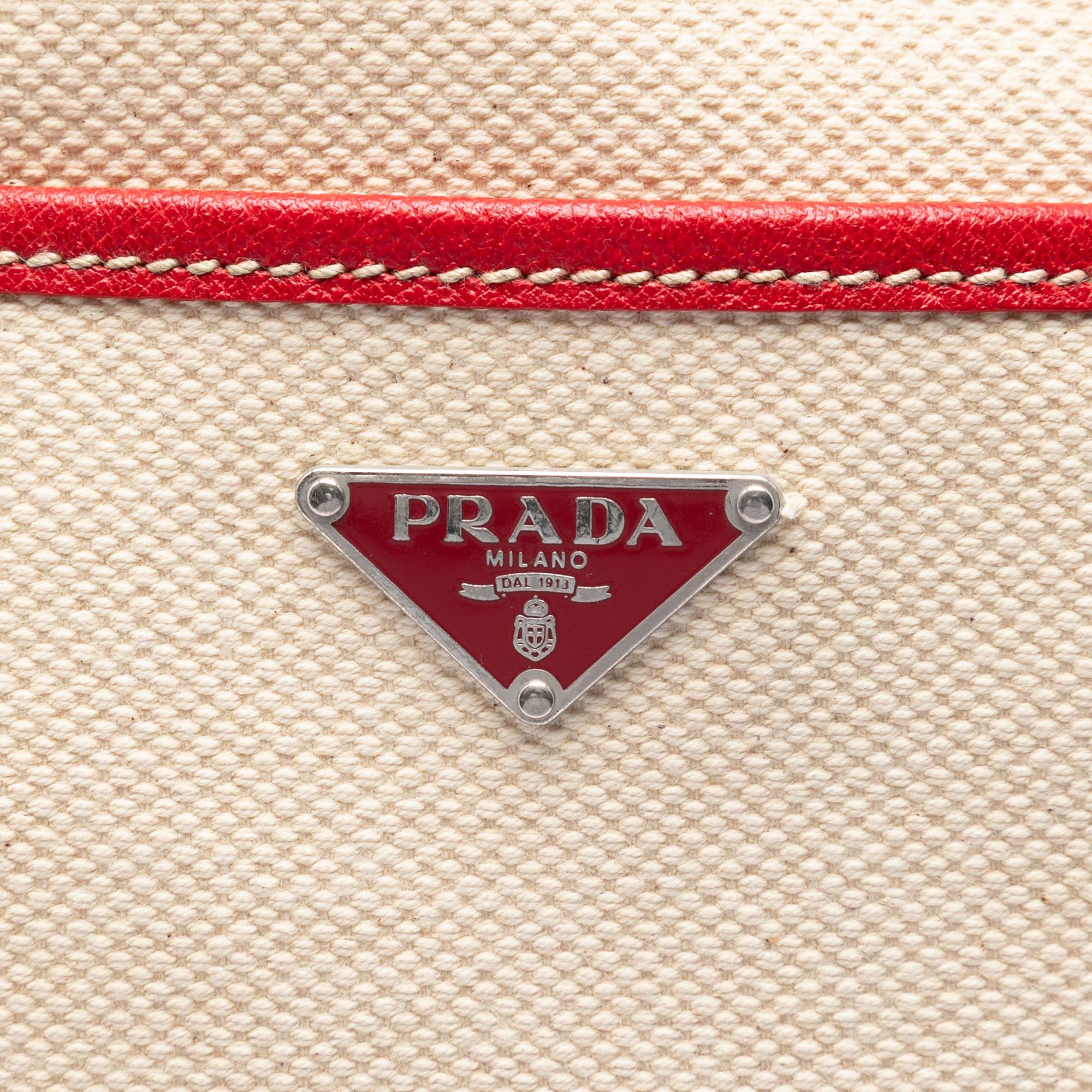 Prada Studded Leather Trimmed Canvas Front Pocket Tote
