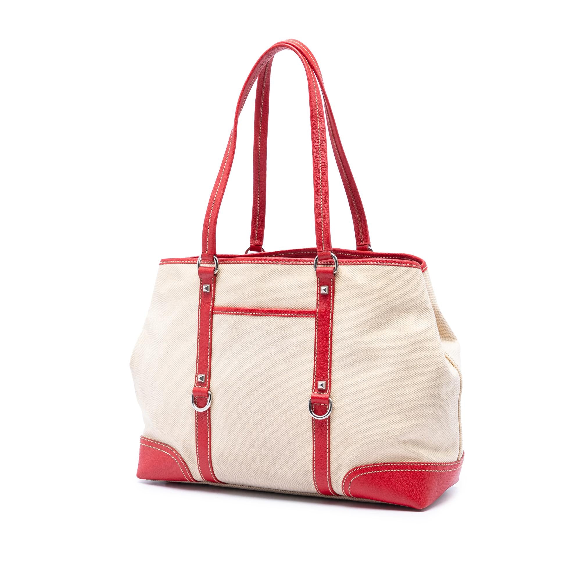 Prada Studded Leather Trimmed Canvas Front Pocket Tote