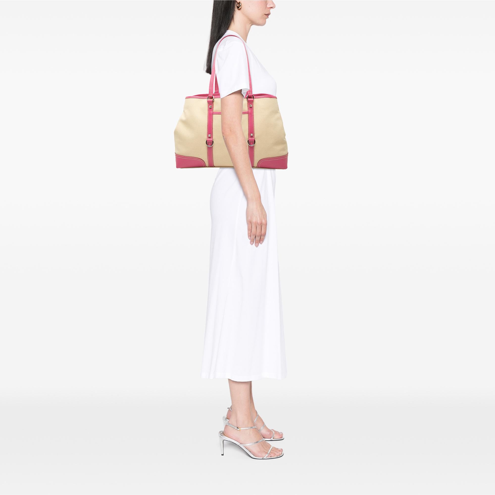 Prada Studded Leather Trimmed Canvas Front Pocket Tote