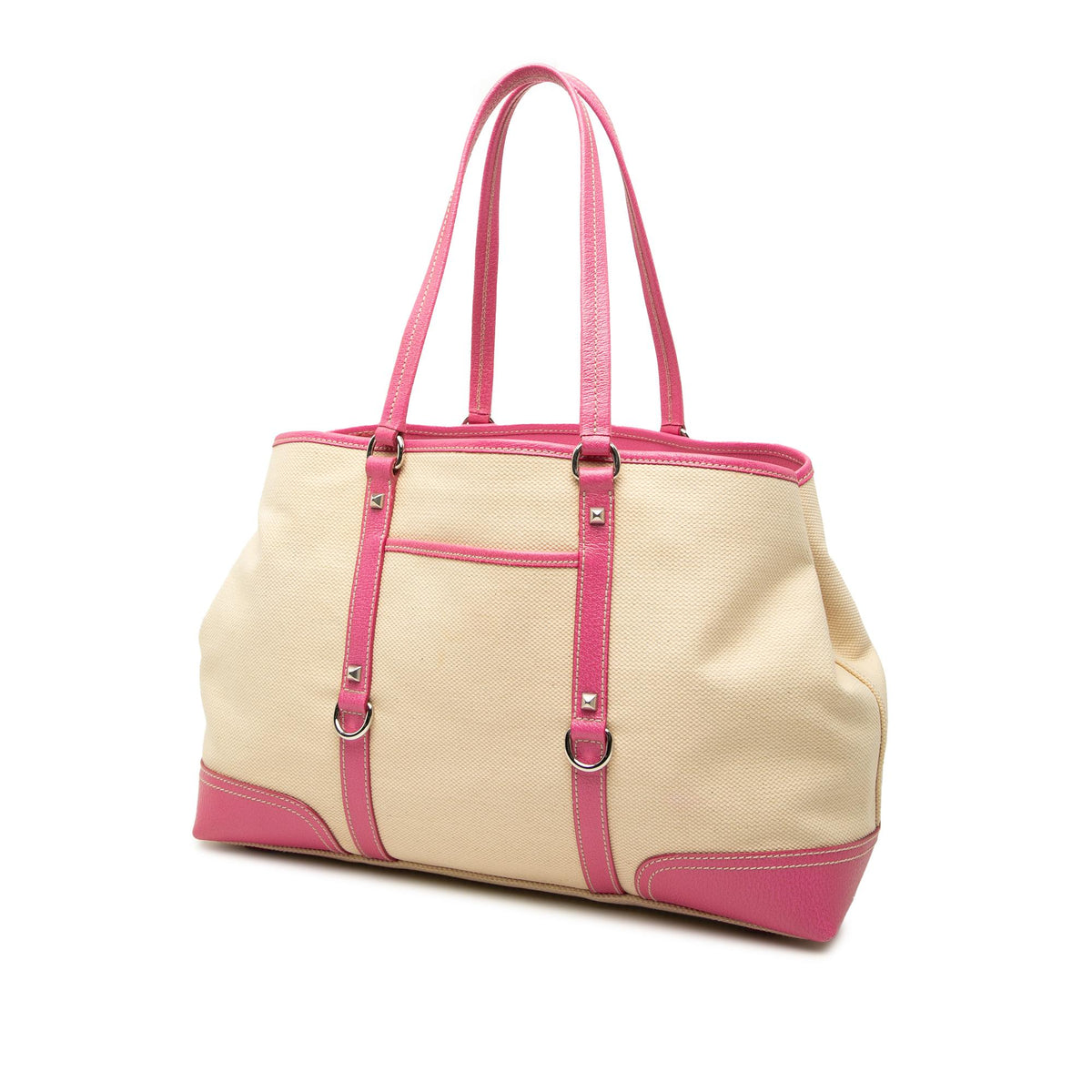 Prada Studded Leather Trimmed Canvas Front Pocket Tote
