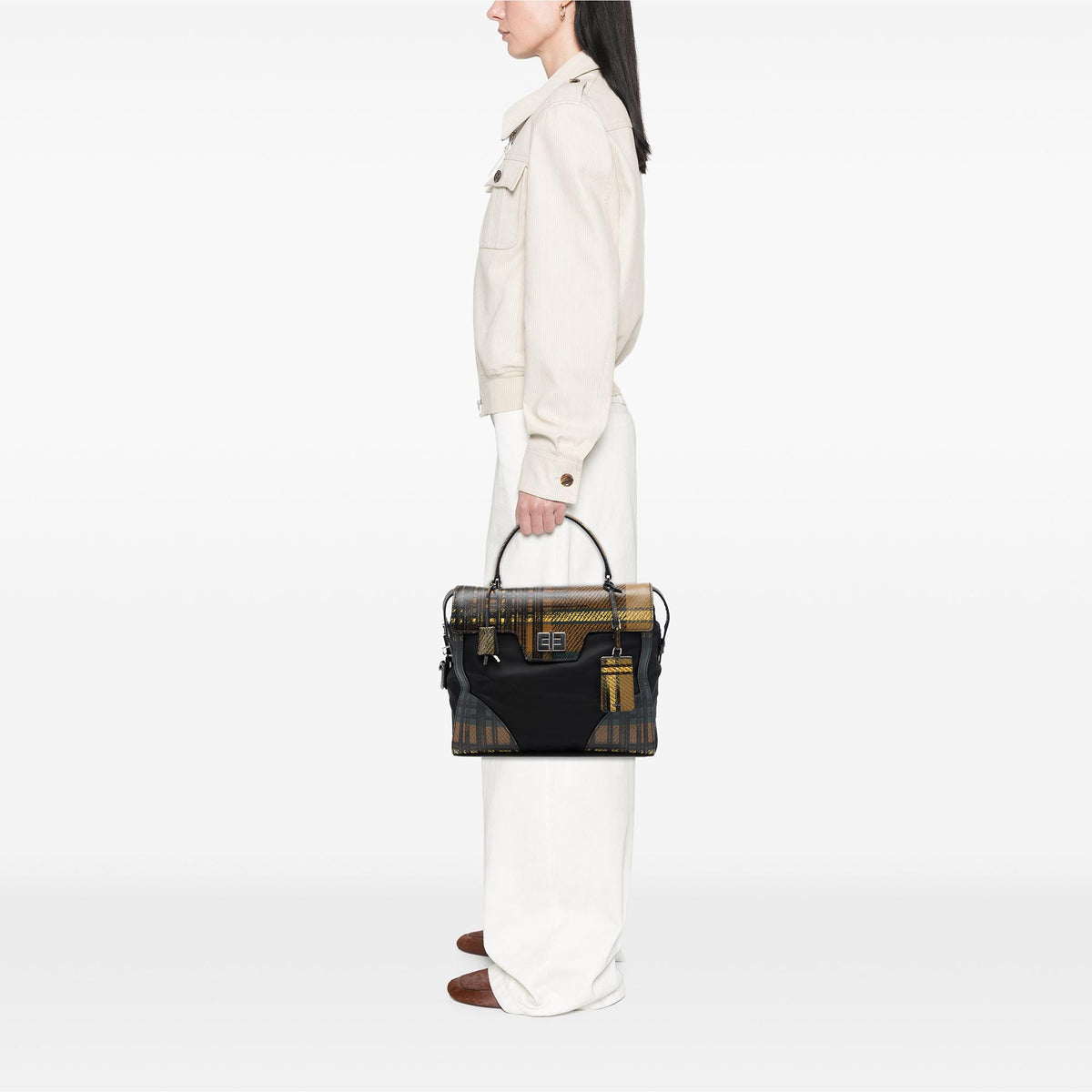 Prada Tartan Saffiano Trimmed Tessuto Satchel