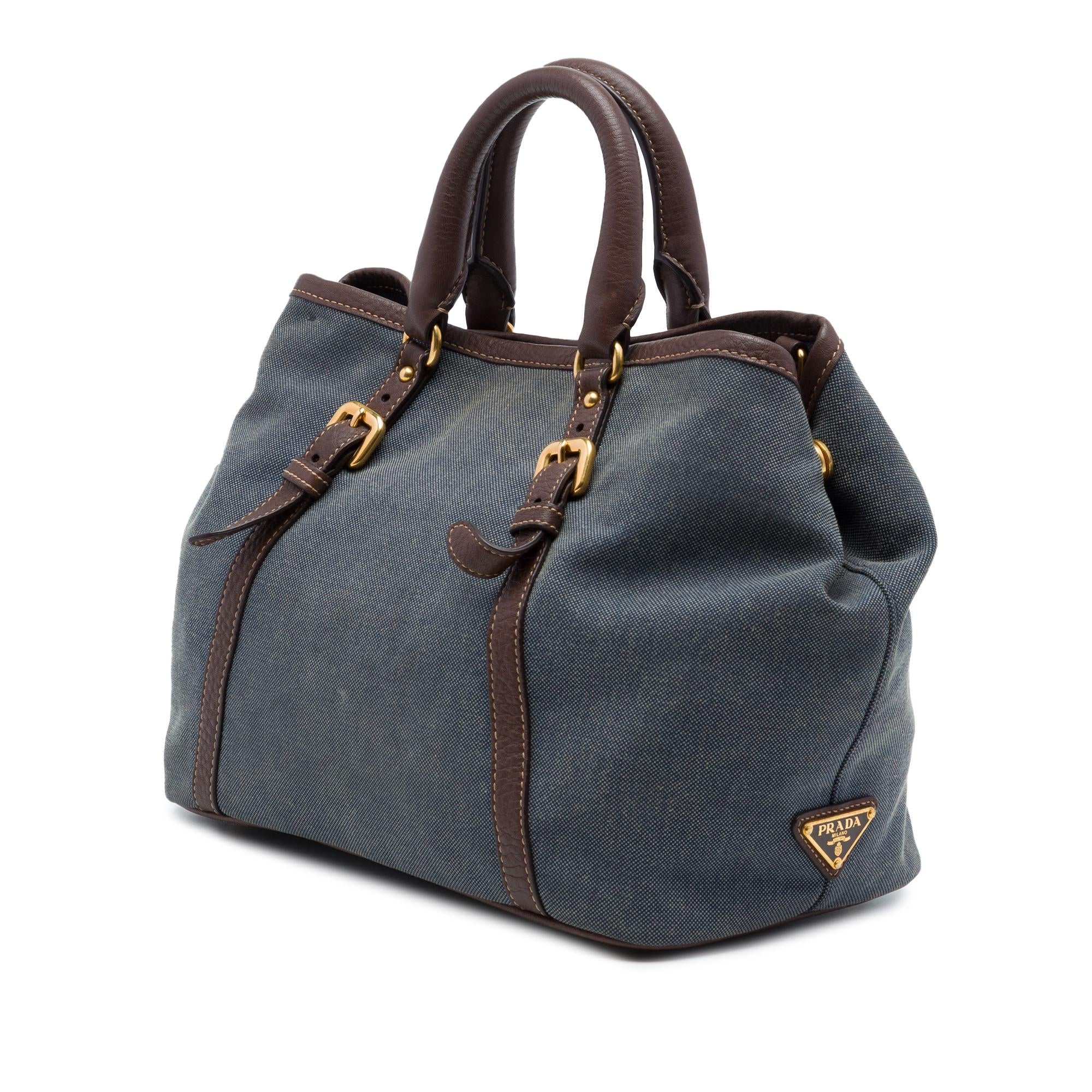 Prada Vitello Daino Trimmed Canvas Canapa Logo Satchel