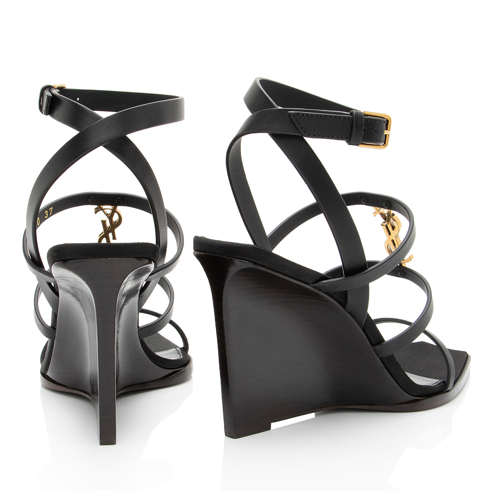 Saint Laurent Calfskin Cassandra Strappy Wedge Sandals - Size 7 / 37