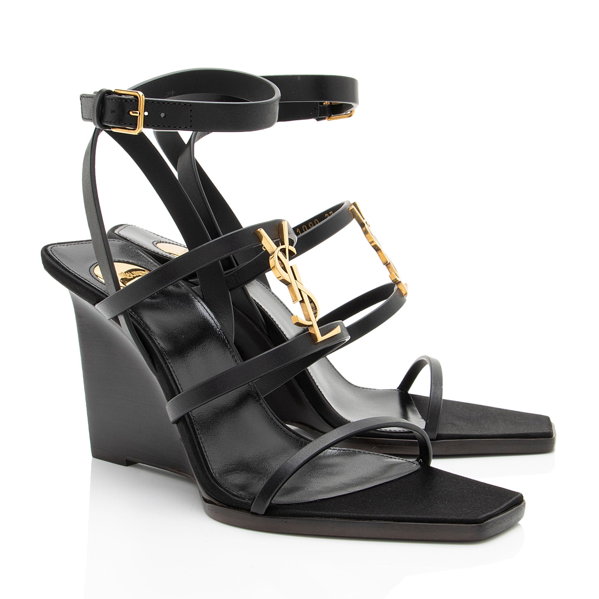 Saint Laurent Calfskin Cassandra Strappy Wedge Sandals - Size 7 / 37