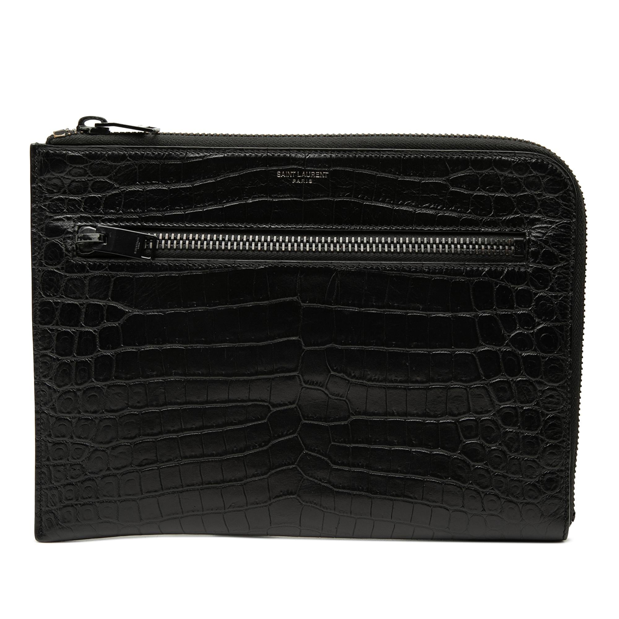Saint Laurent Croc Embossed Leather Clutch