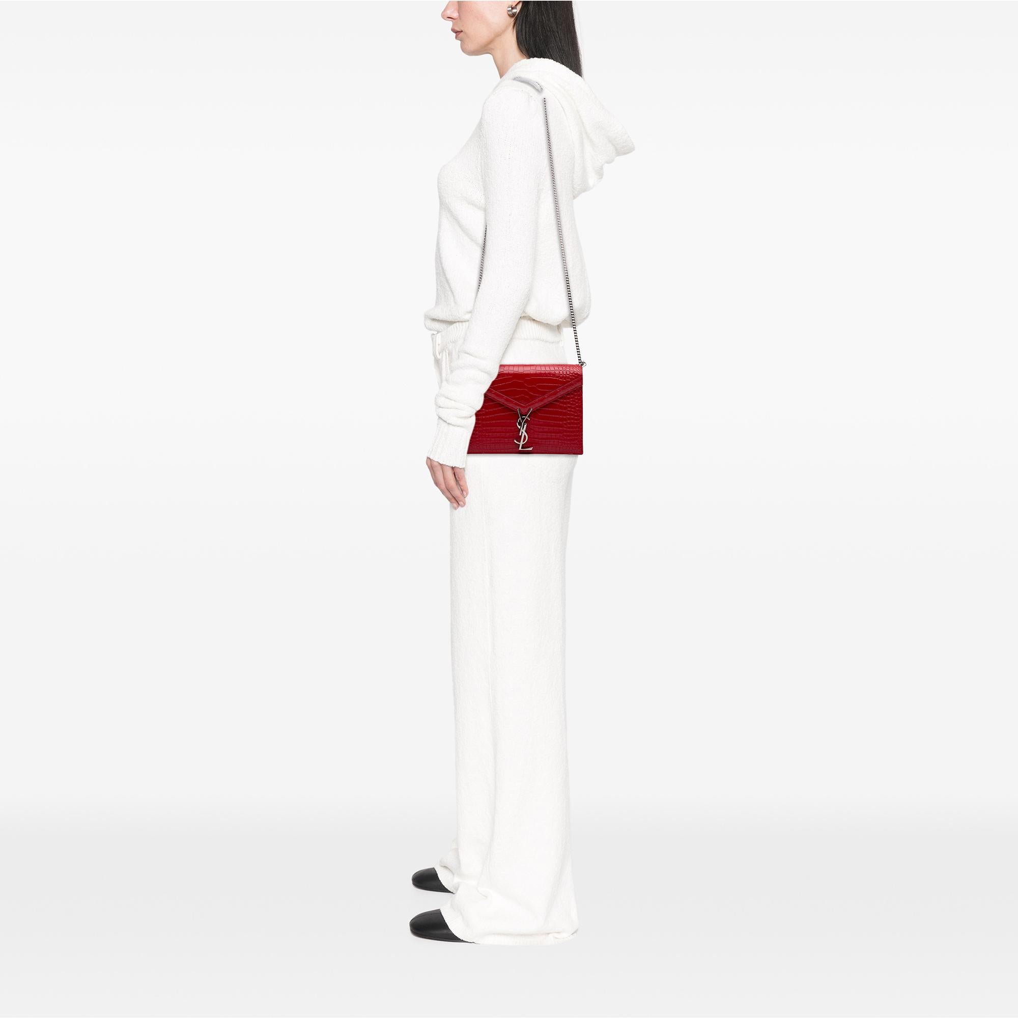 Saint Laurent Croc Embossed Leather Monogram Cassandra Clasp Bag