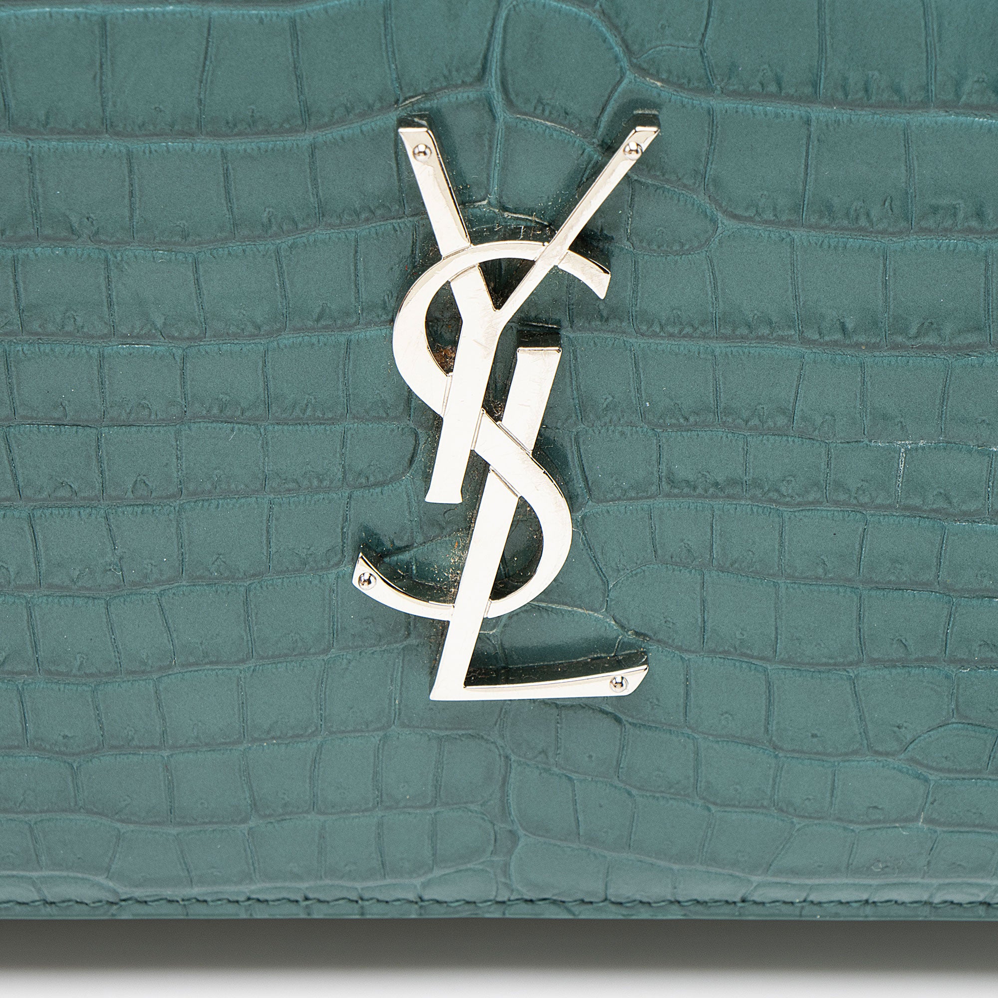 Saint Laurent Croc Embossed Leather Monogram Chain Wallet