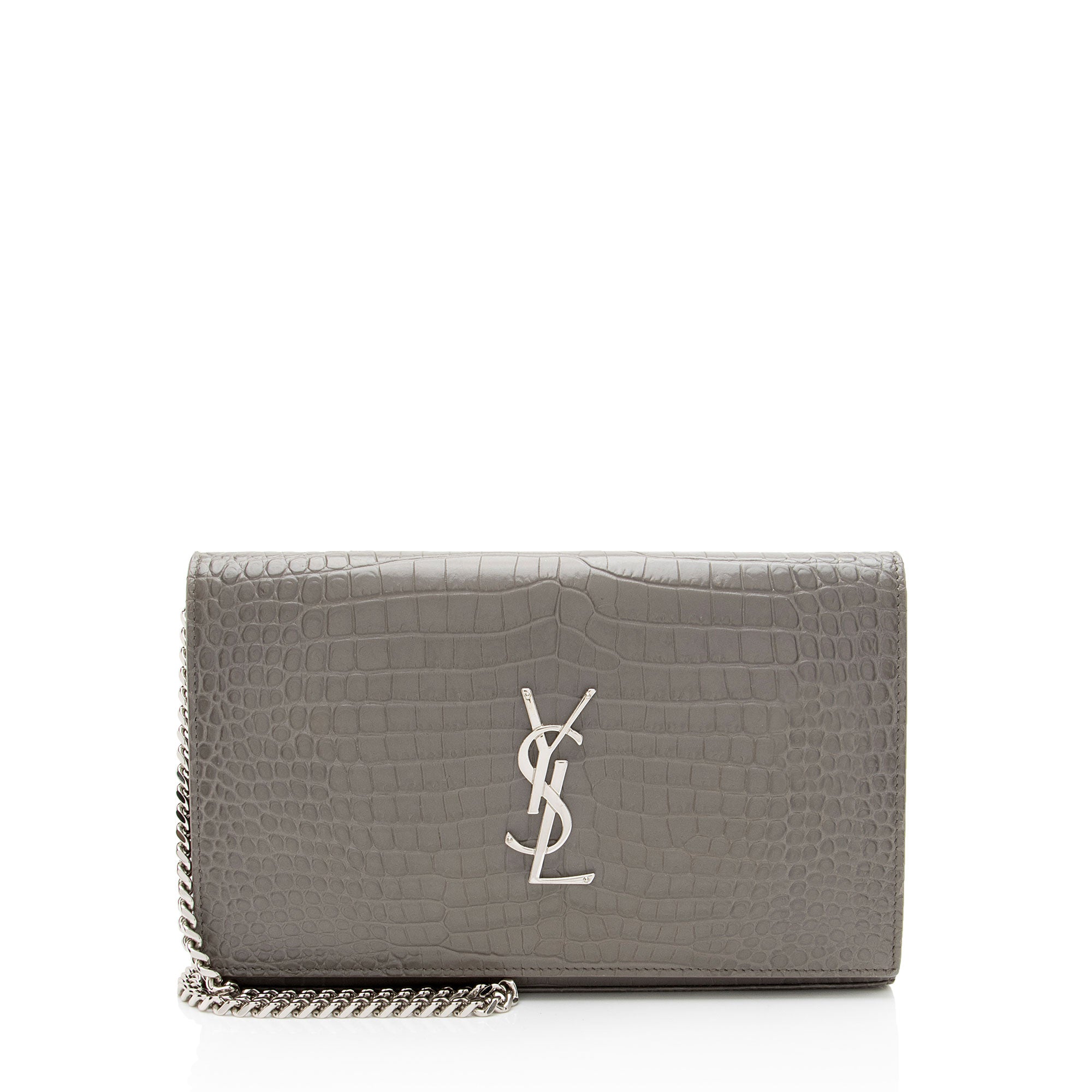 Saint Laurent Croc Embossed Leather Monogram Chain Wallet