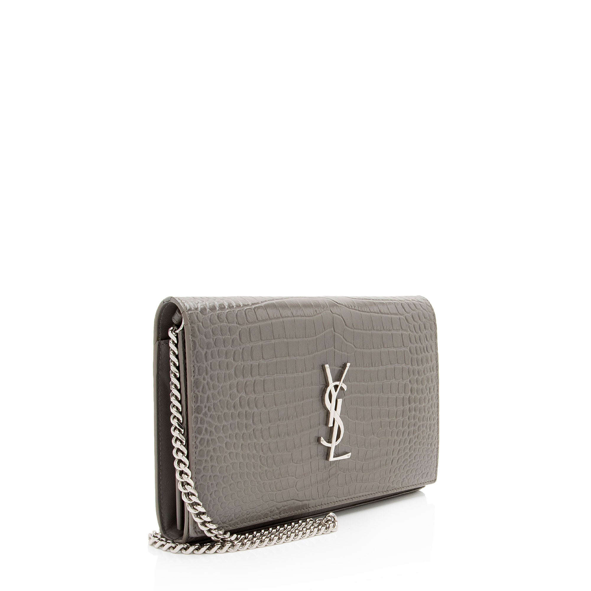 Saint Laurent Croc Embossed Leather Monogram Chain Wallet