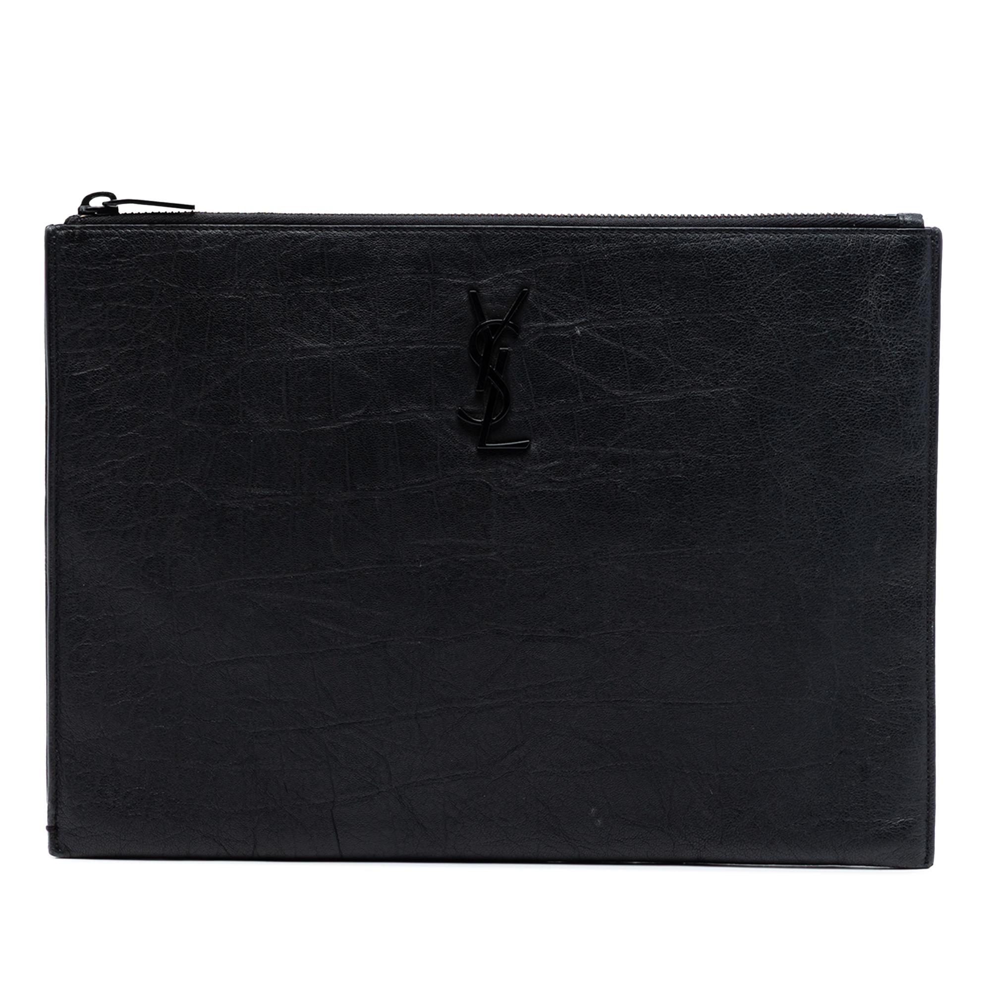Saint Laurent Croc Embossed Leather Monogram Clutch