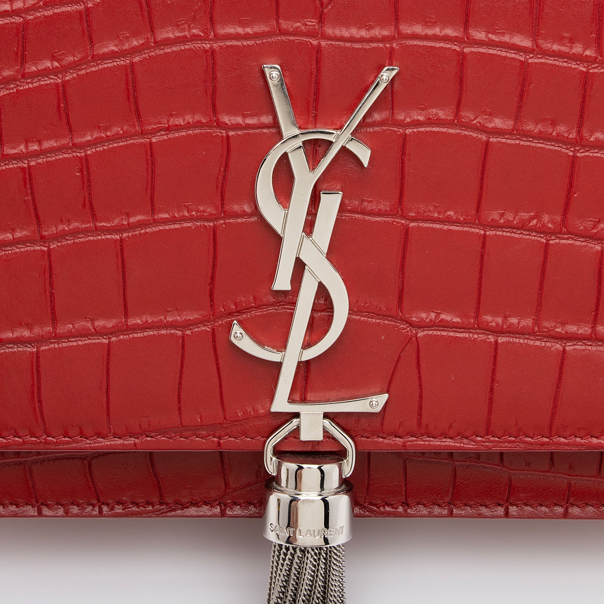 Saint Laurent Croc Embossed Leather Monogram Kate Tassel Chain Wallet