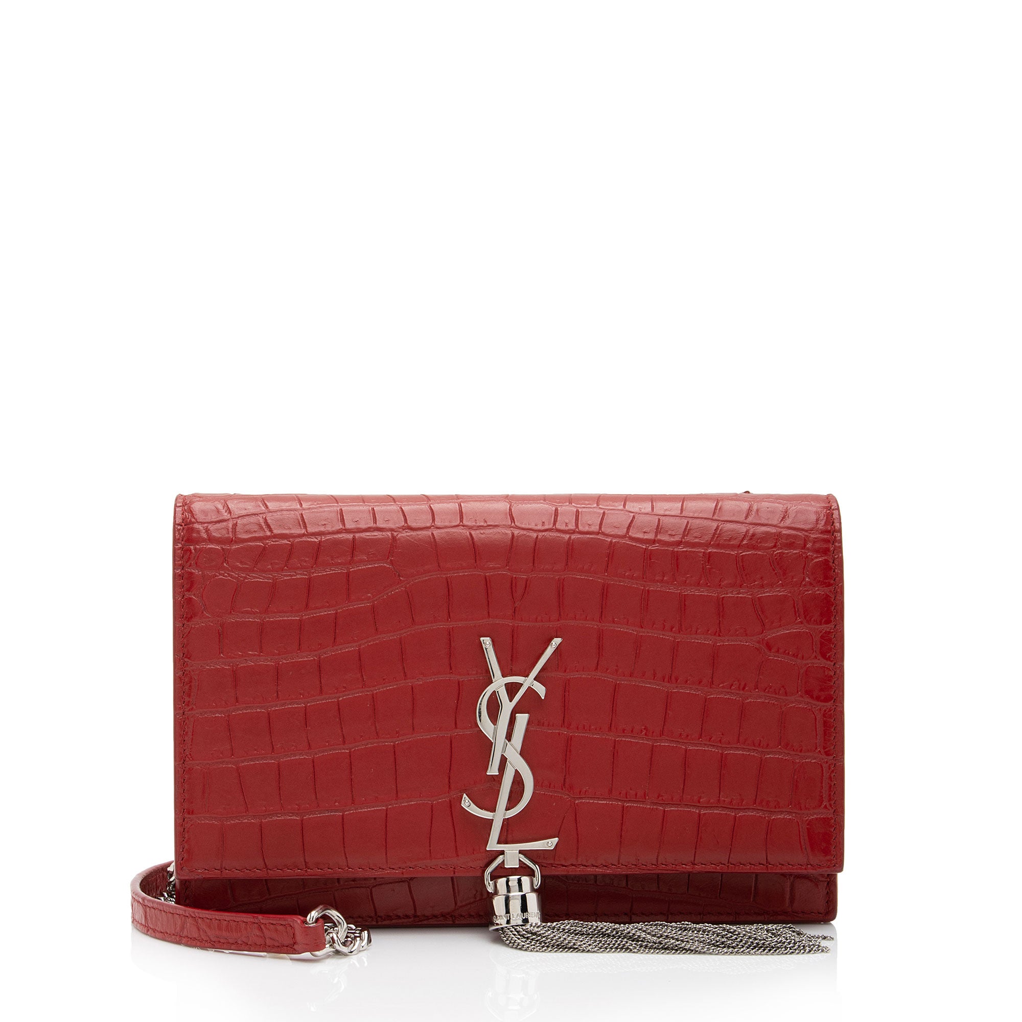 Saint Laurent Croc Embossed Leather Monogram Kate Tassel Chain Wallet