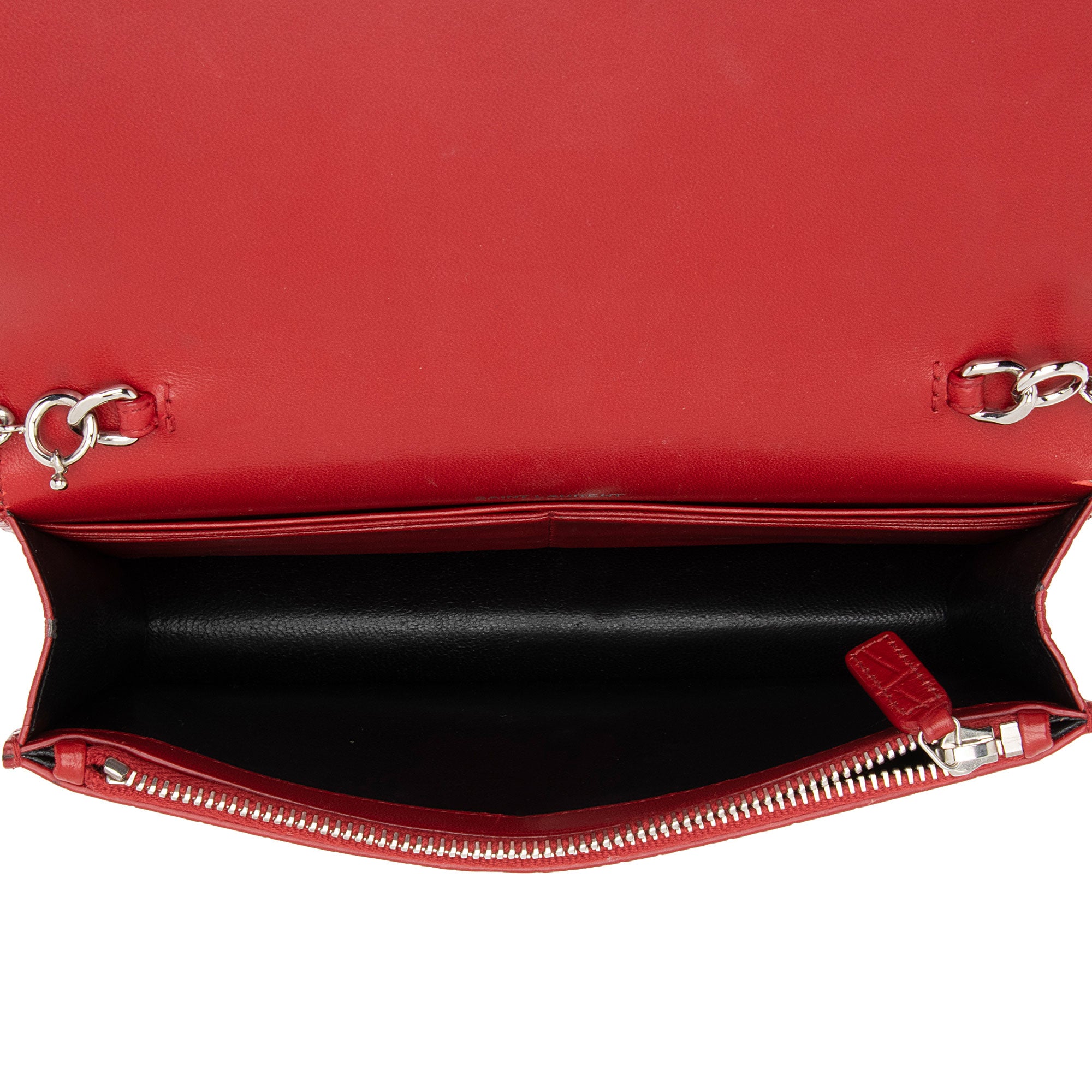 Saint Laurent Croc Embossed Leather Monogram Kate Tassel Chain Wallet