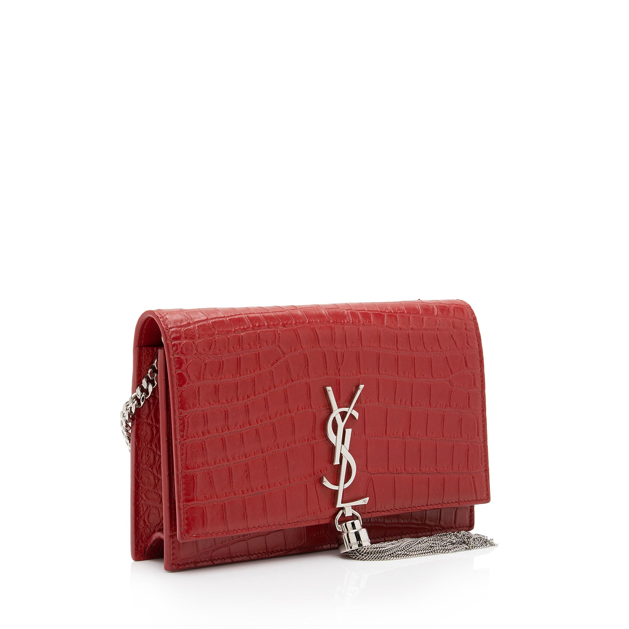 Saint Laurent Croc Embossed Leather Monogram Kate Tassel Chain Wallet