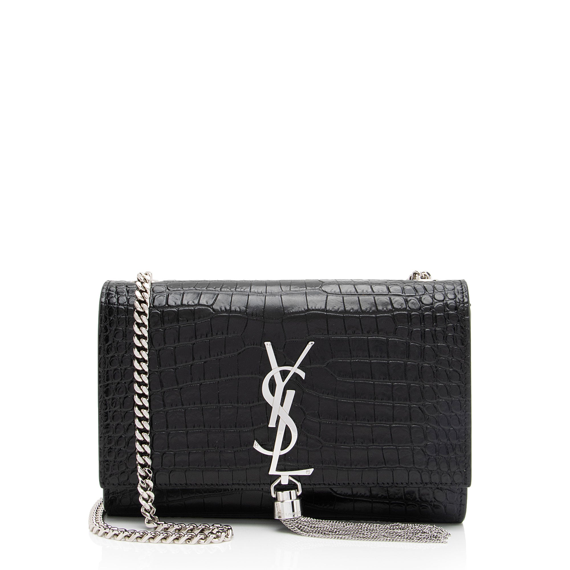 Saint Laurent Croc Embossed Leather Monogram Kate Tassel Small Shoulder Bag (SHF-BWswR2)