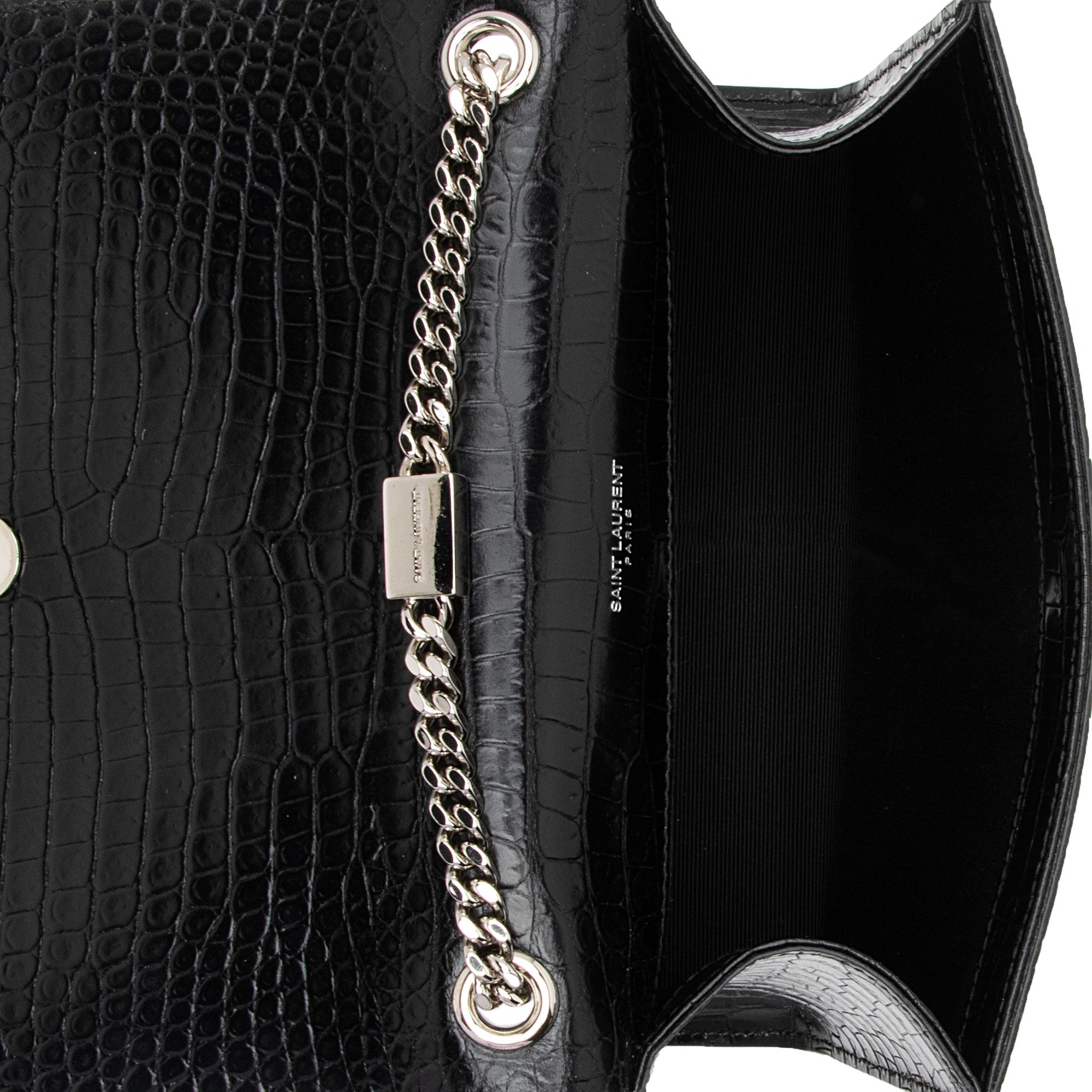 Saint Laurent Croc Embossed Leather Monogram Kate Tassel Small Shoulder Bag (SHF-BWswR2)
