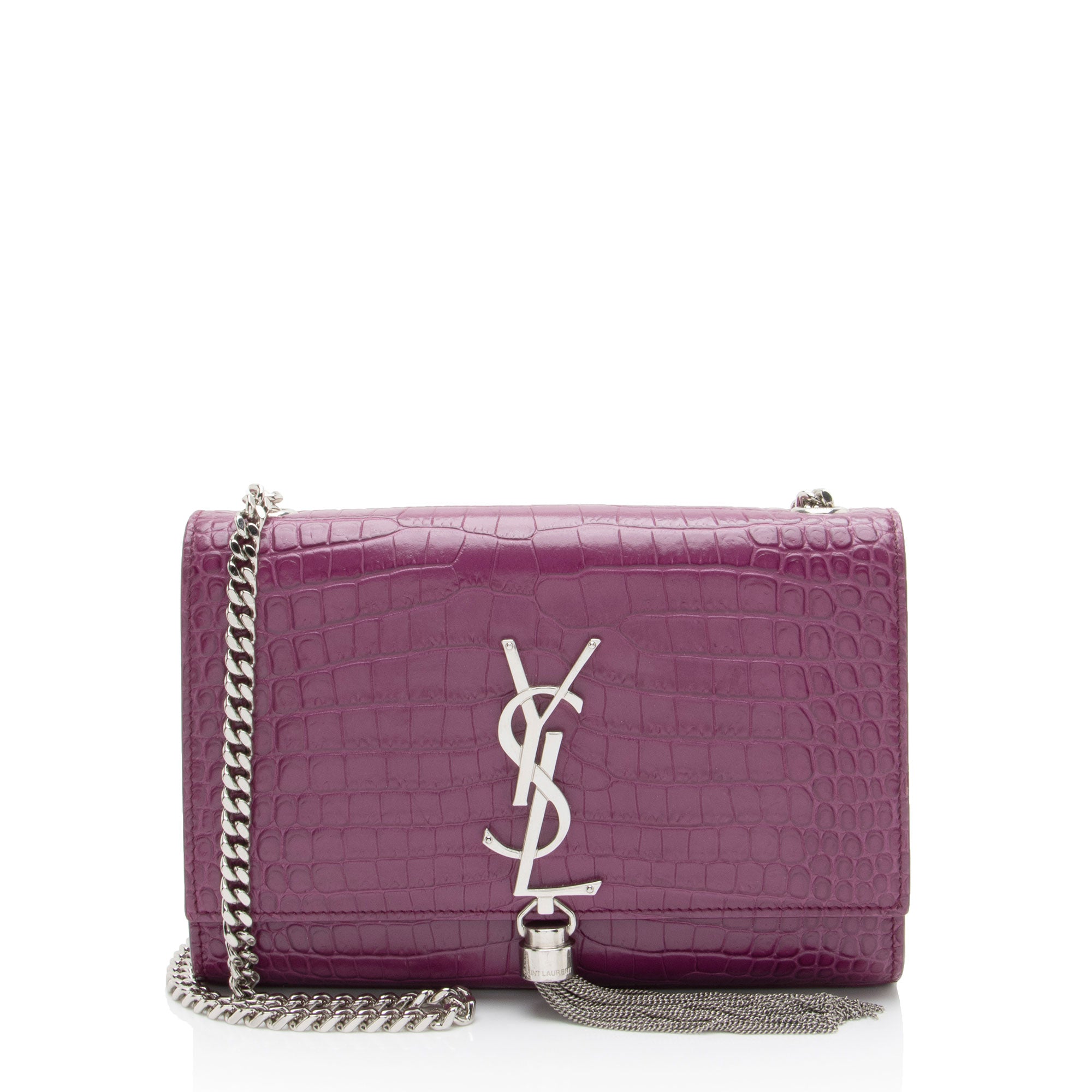 Saint Laurent Croc Embossed Leather Monogram Kate Tassel Small Shoulder Bag