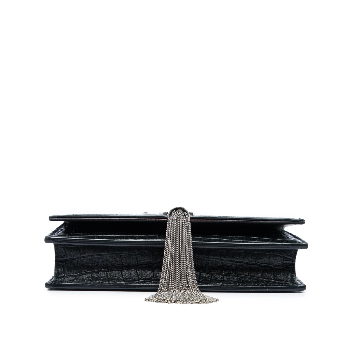 Saint Laurent Croc Embossed Leather Monogram Kate Tassel Wallet on Chain