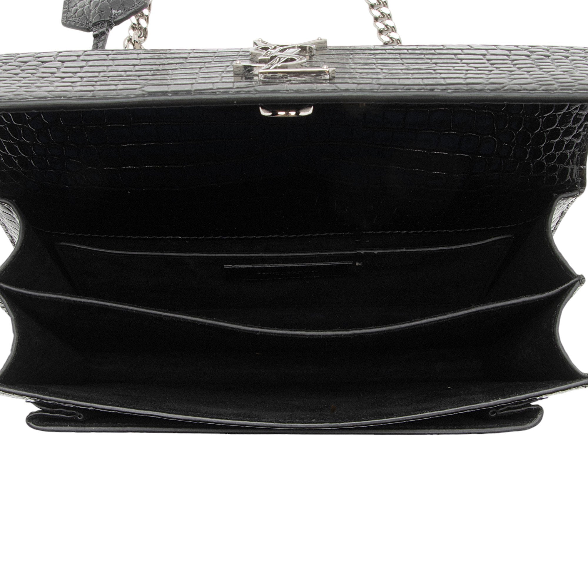 Saint Laurent Croc Embossed Leather Monogram Sunset Medium Shoulder Bag (SHF-M2o6S1)