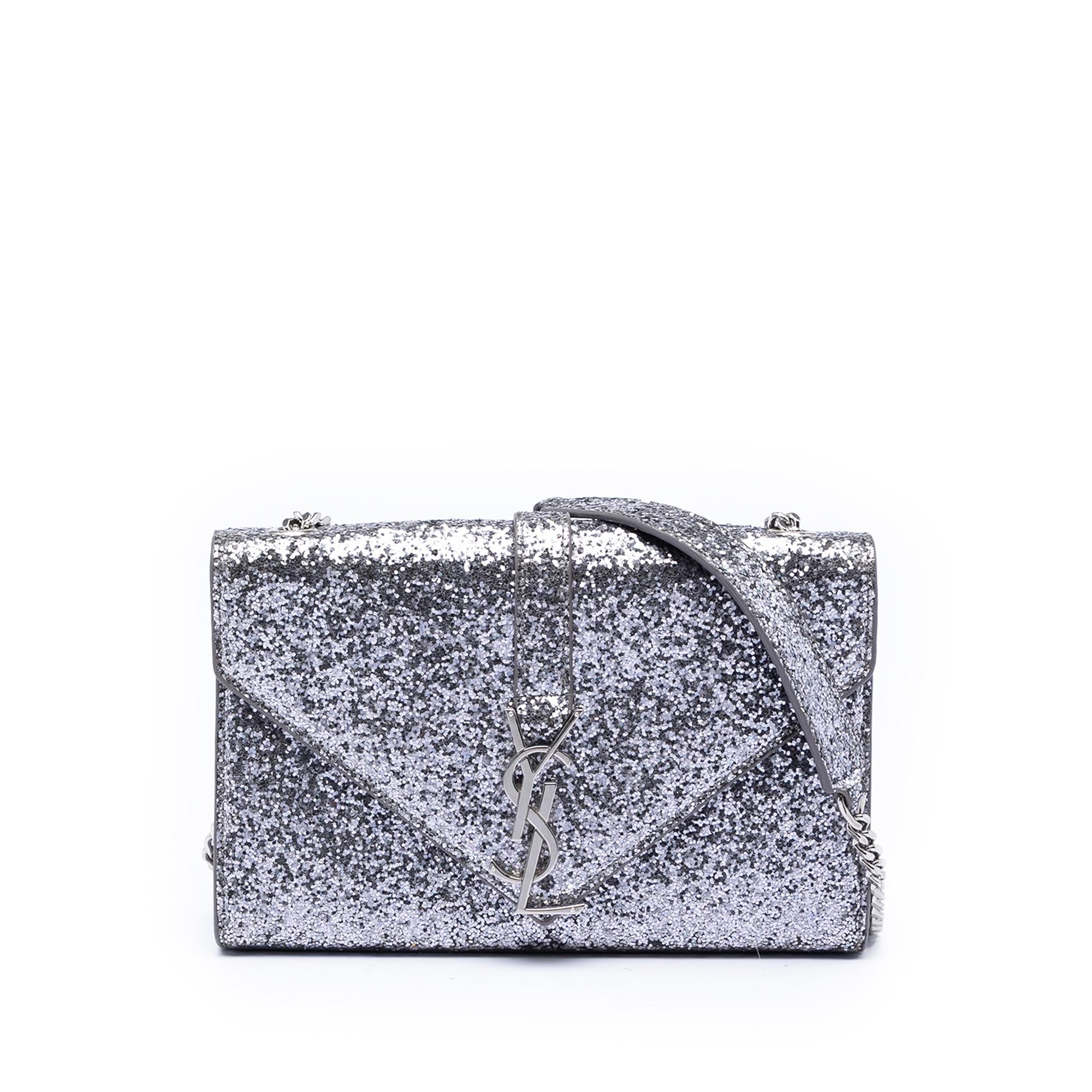Saint Laurent Glitter Galactica Leather Monogram Envelope Chain Wallet