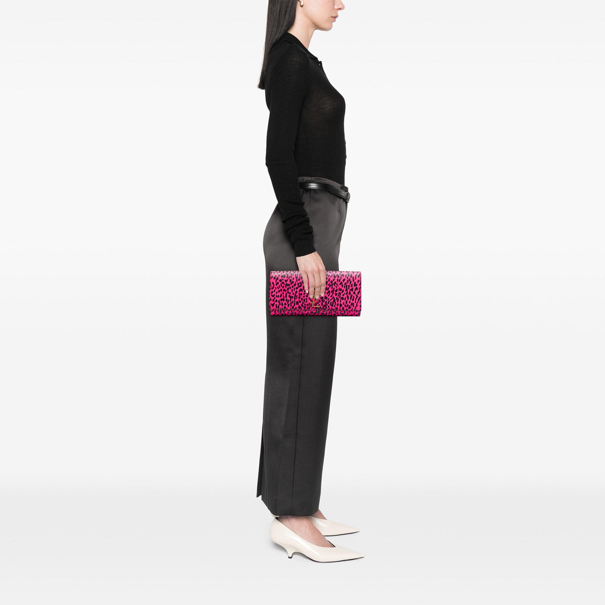 Saint Laurent Leather Leopard Print Monogram Cassandre Clutch