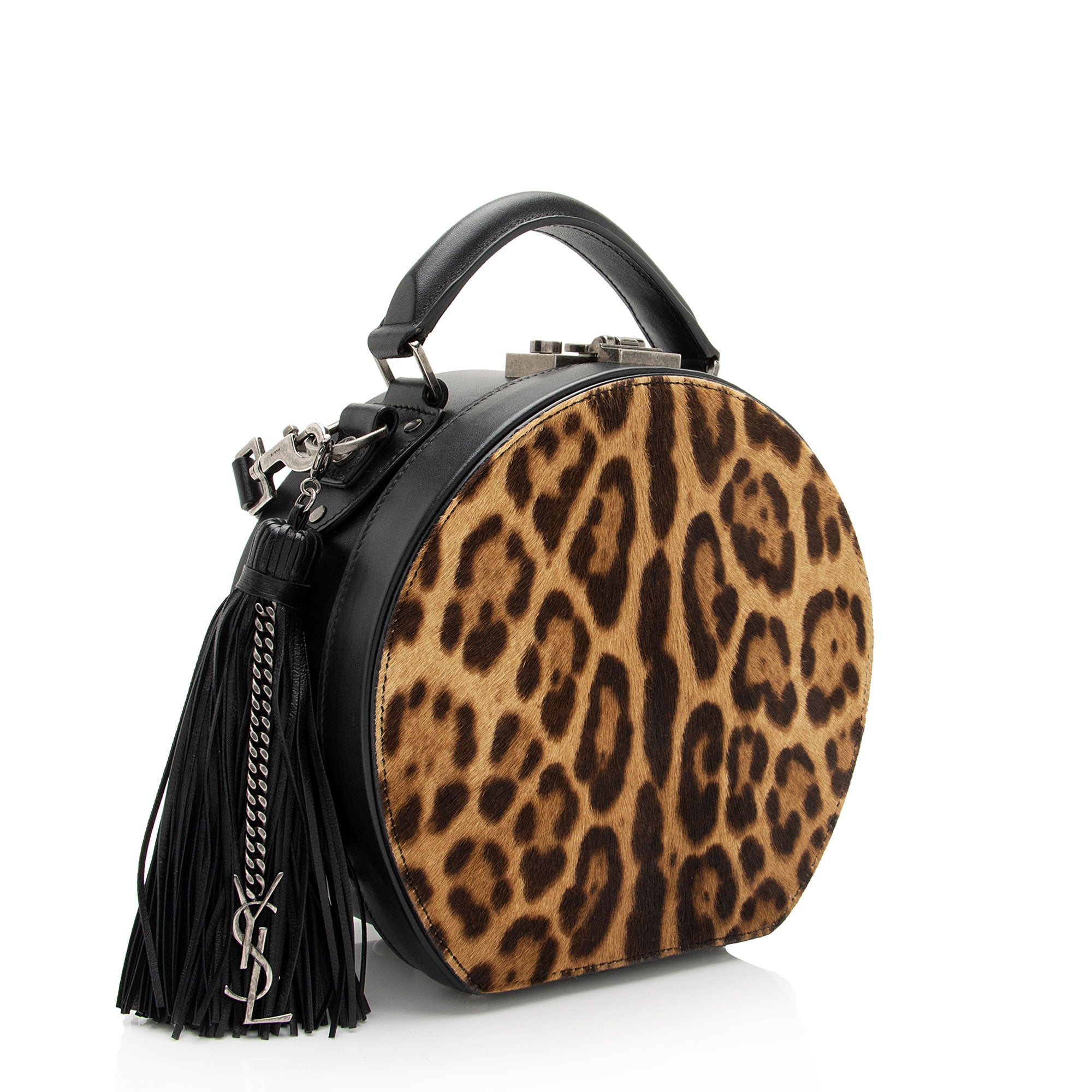 Saint Laurent Leather Ponyhair Leopard Print Mica Hatbox Small Crossbody