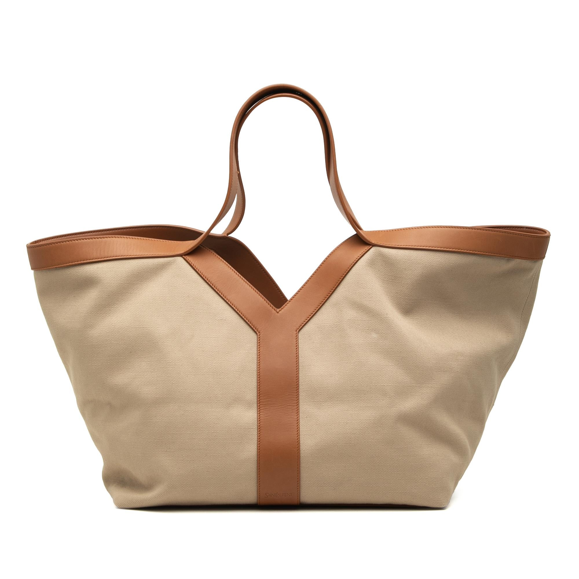 Saint Laurent Leather Trimmed Canvas Y Tote
