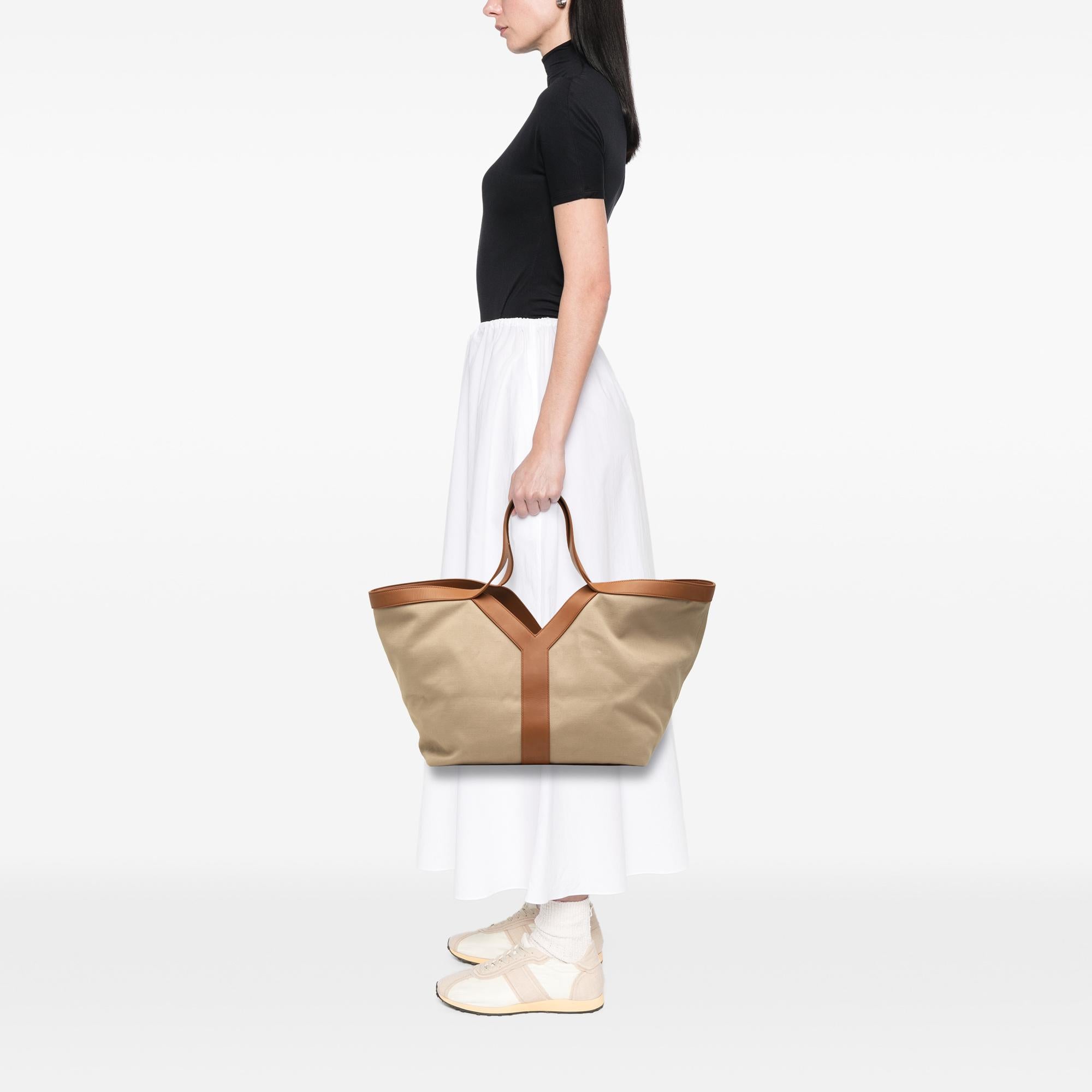 Saint Laurent Leather Trimmed Canvas Y Tote