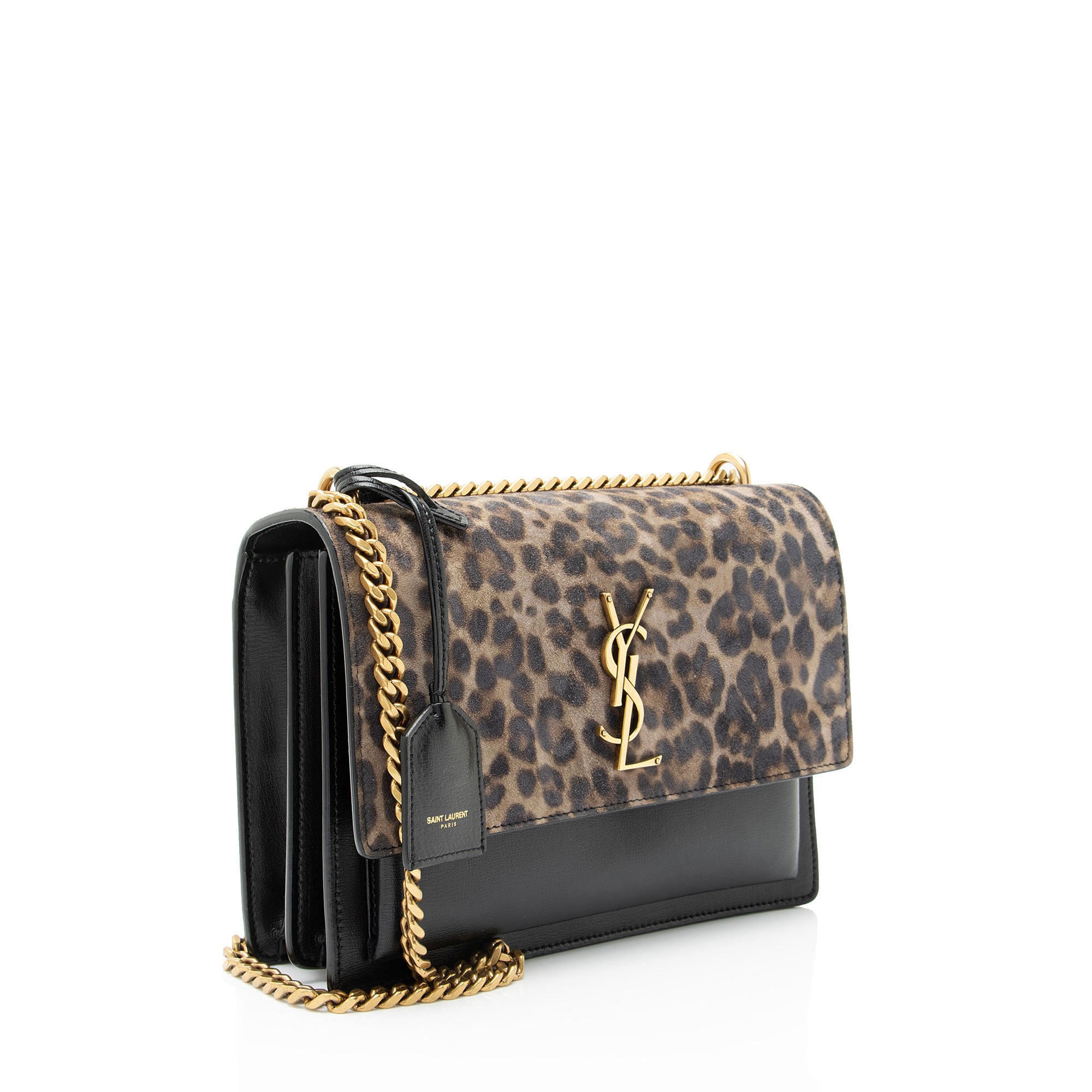 Saint Laurent Leopard Printed Suede Monogram Sunset Medium Shoulder Bag