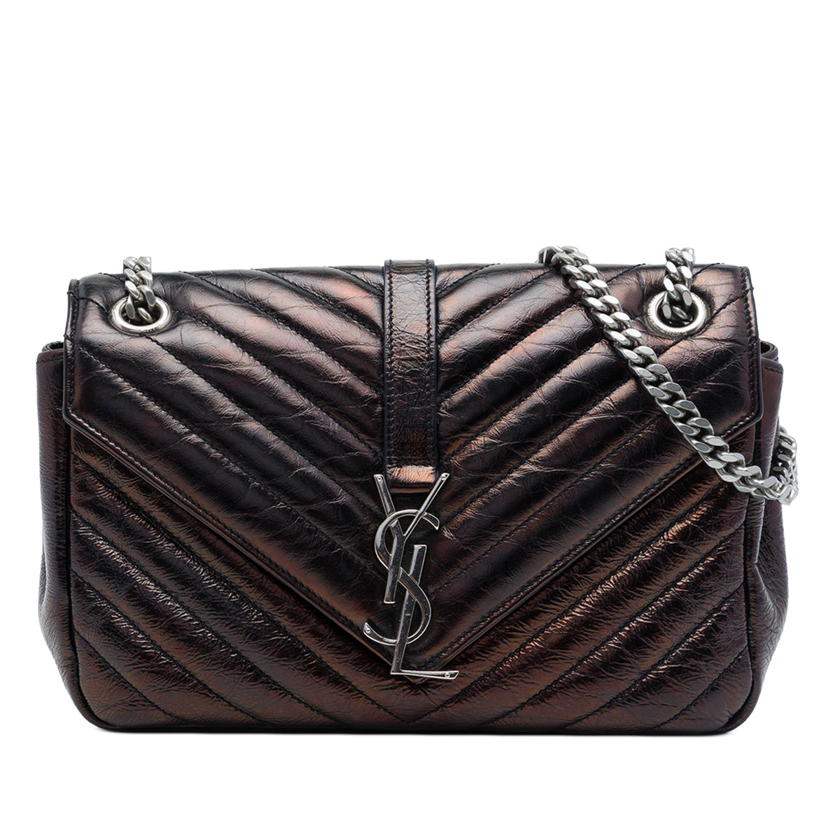 Saint Laurent Medium Chevron Metallic Crinkled Calfskin Punk Chain Bag