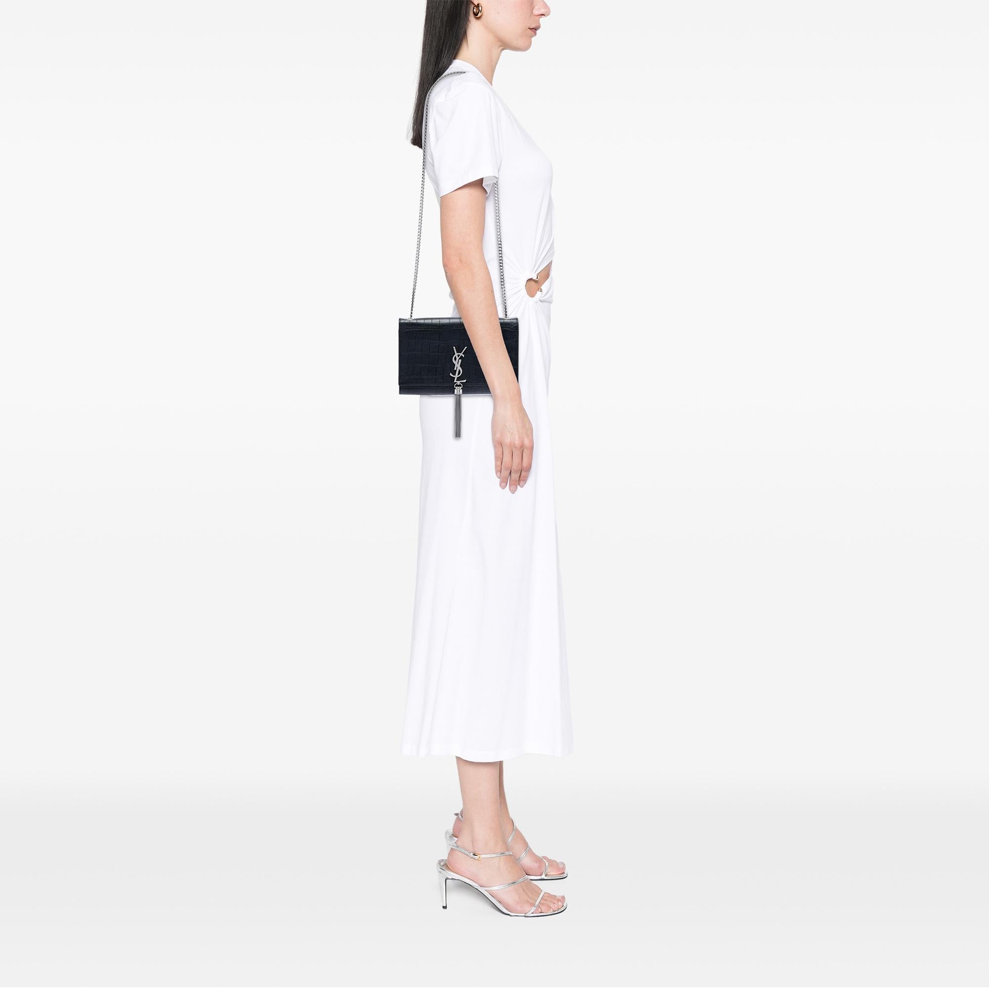 Saint Laurent Medium Croc Embossed Leather Kate Tassel Crossbody