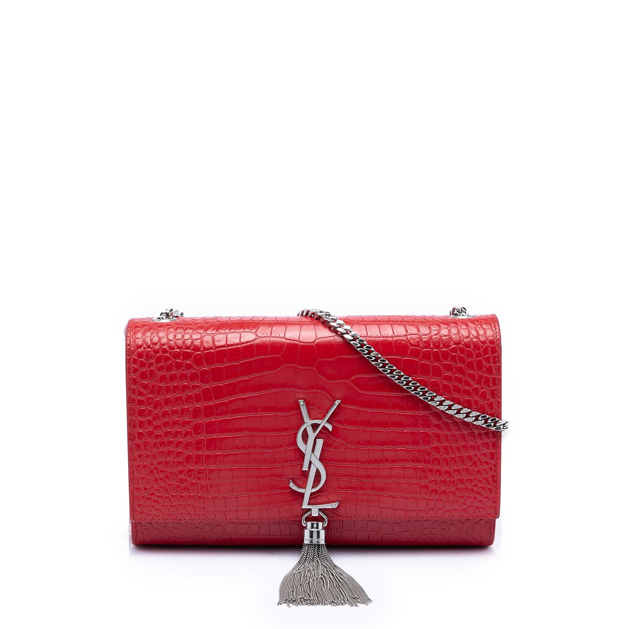 Saint Laurent Medium Croc Embossed Leather Kate Tassel Crossbody