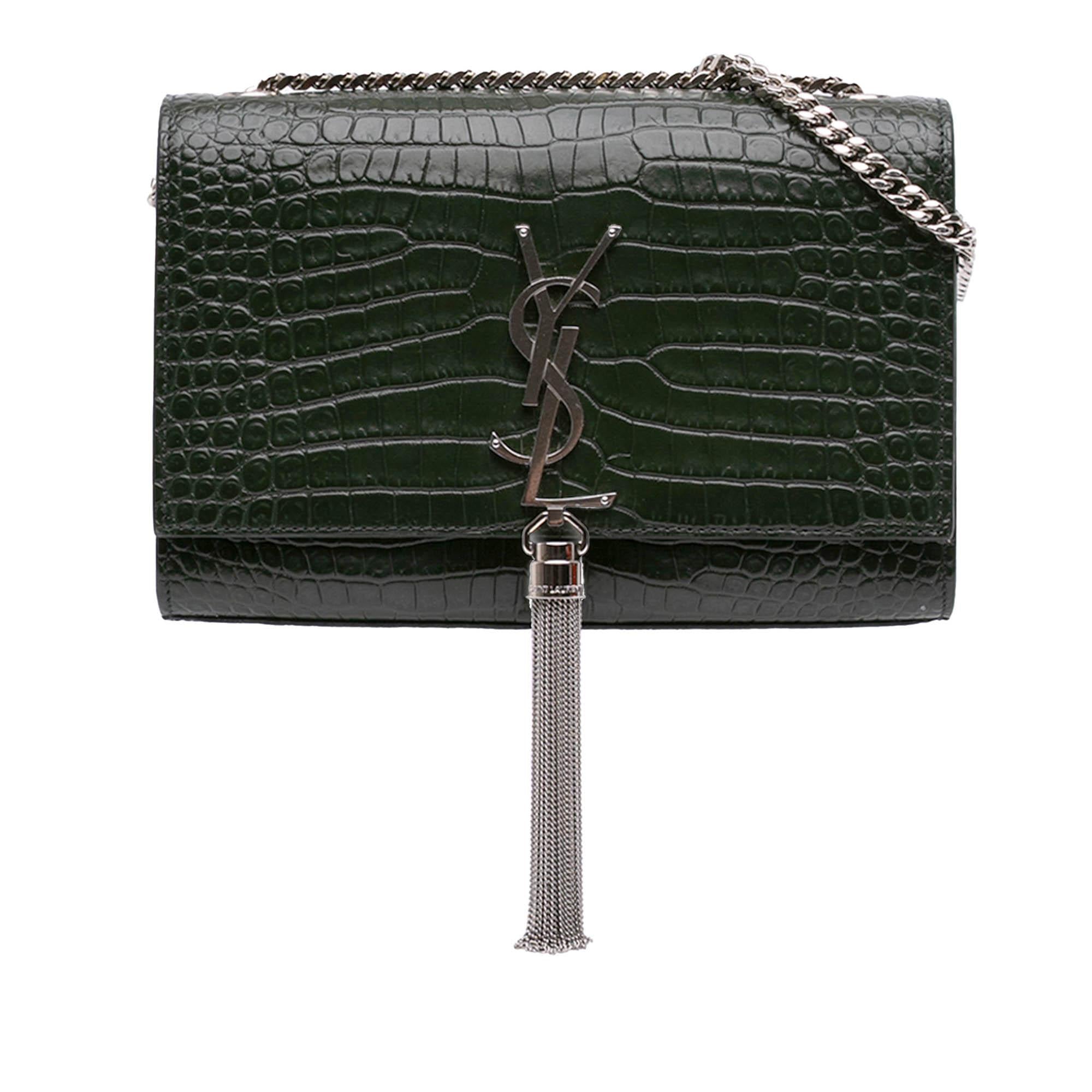 Saint Laurent Medium Croc Embossed Leather Kate Tassel Crossbody