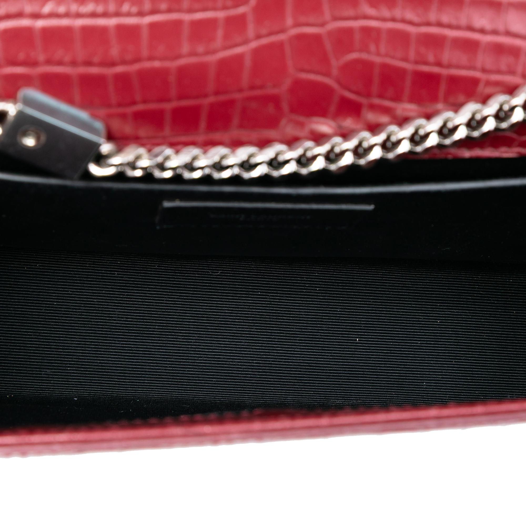 Saint Laurent Medium Croc Embossed Leather Monogram Kate Tassel Crossbody