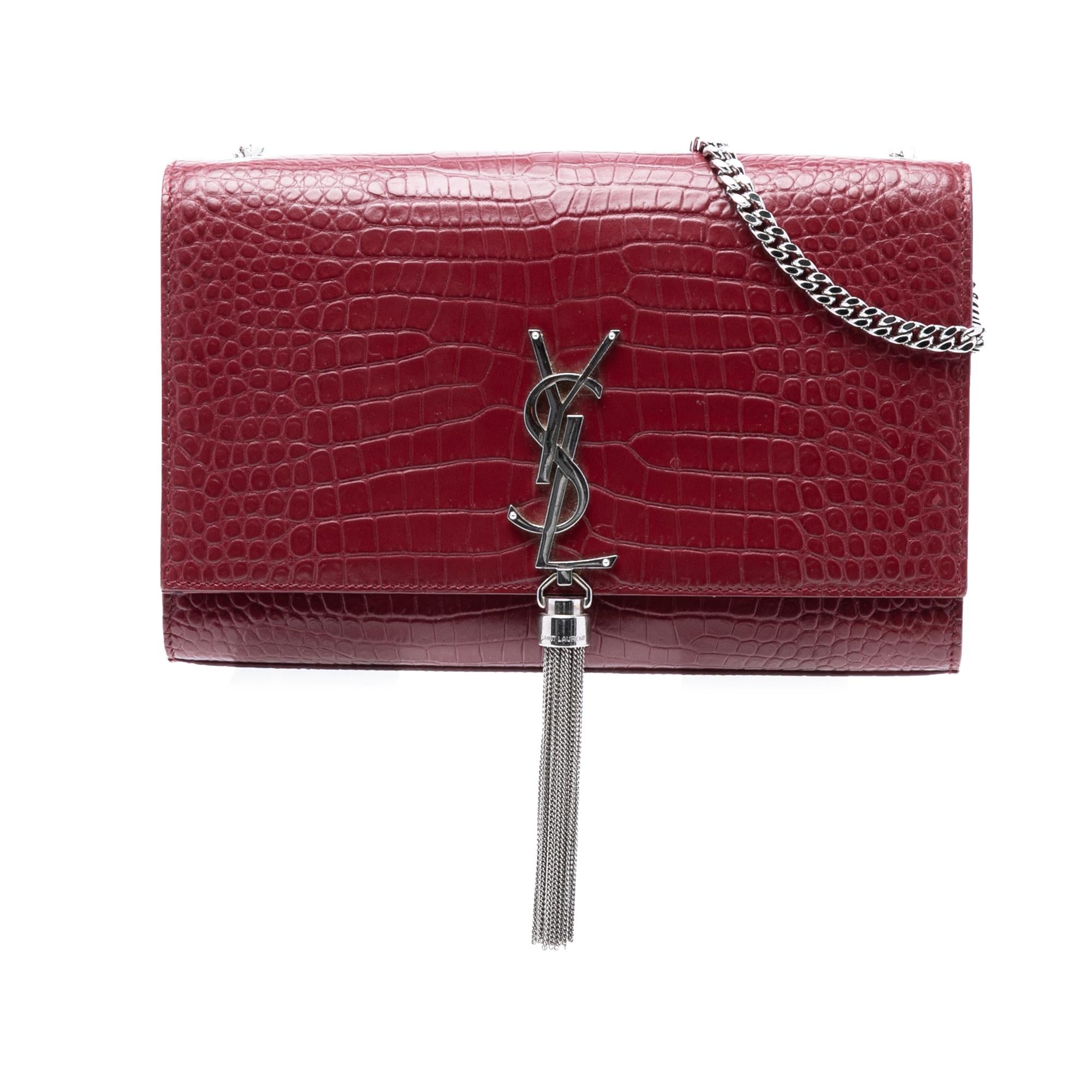 Saint Laurent Medium Croc Embossed Leather Monogram Kate Tassel Crossbody