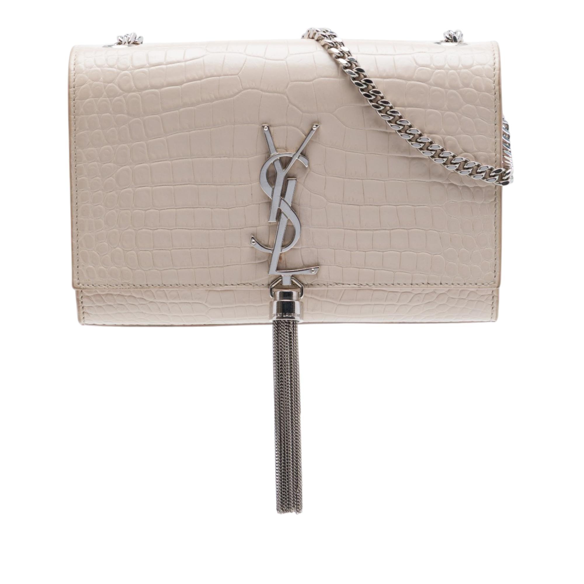 Saint Laurent Medium Croc Embossed Leather Monogram Kate Tassel Crossbody